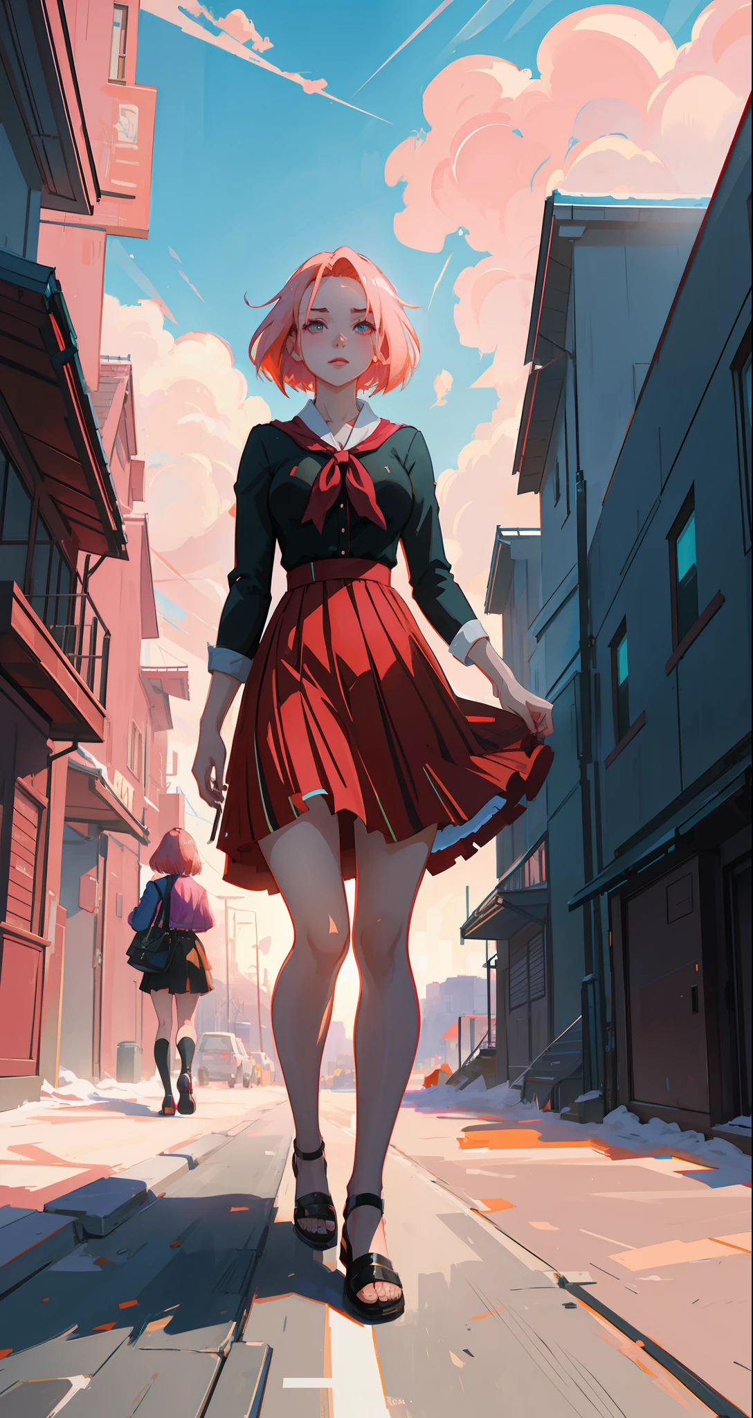 beautiful woman, seductive, ((forehead the show)) student, going to school, attractive, sexy eyes, red dress, forehead to show, queen, pink hair, delicate, young, short hair, full body, from League of Legends, trend at Artstation, by Rhods, Andreas Rocha, Rossdraws, Makoto Shinkai, Laurie Greasley, Lois Van Baarle, Ilya Kuvshinov and Greg Rutkowski