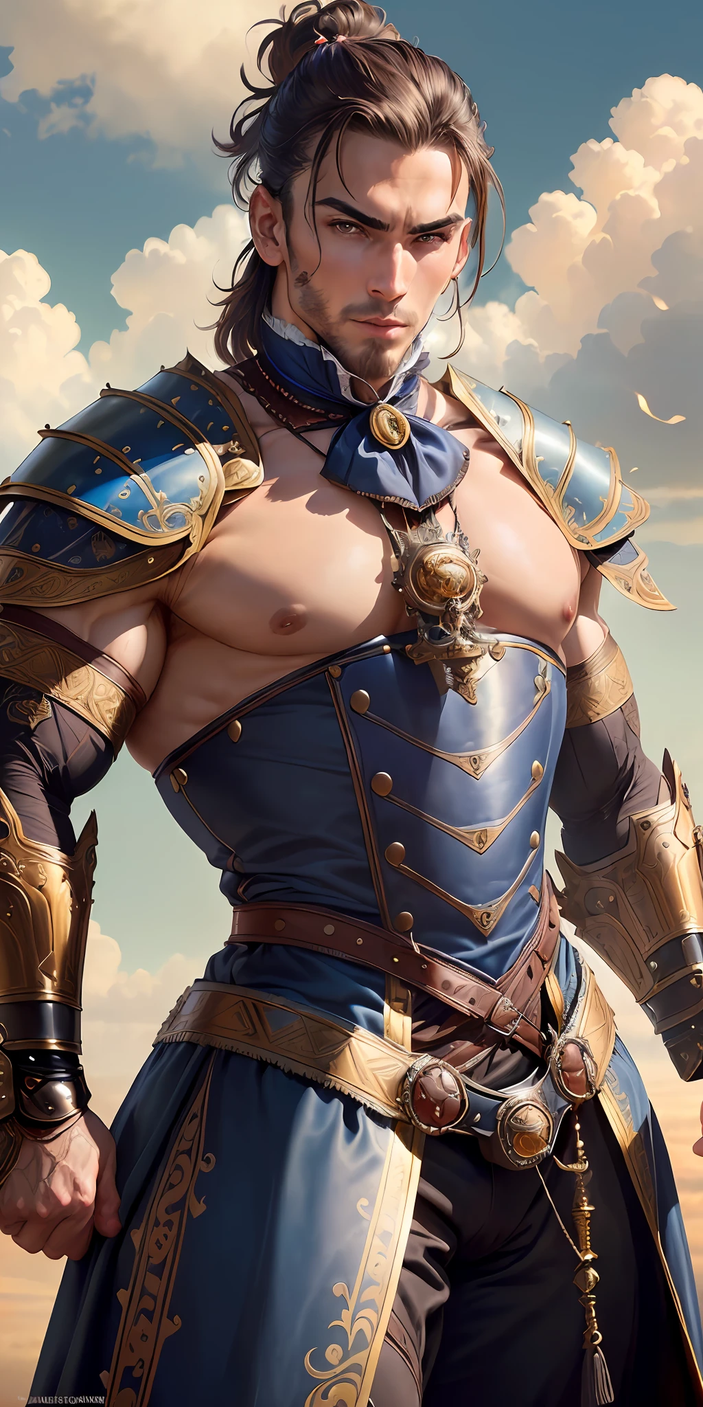 ((best quality)), detailed, ((attractive but tasteful)) warrior man, (((wearing Victorian-era armor))), ((fantastic pose)), ((flexed body)), ((a touch of sensuality)),((background: a sky full of clouds)), ((discreet lighting)).