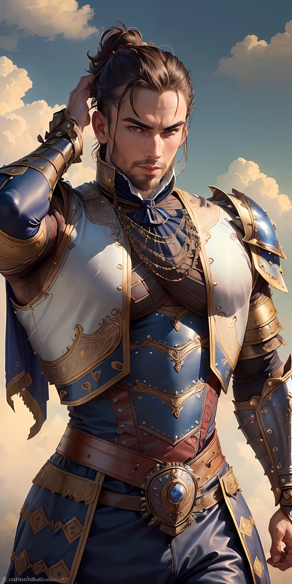 ((best quality)), detailed, ((attractive but tasteful)) warrior man, (((wearing Victorian-era armor))), ((fantastic pose)), ((flexed body)), ((a touch of sensuality)),((background: a sky full of clouds)), ((discreet lighting)).