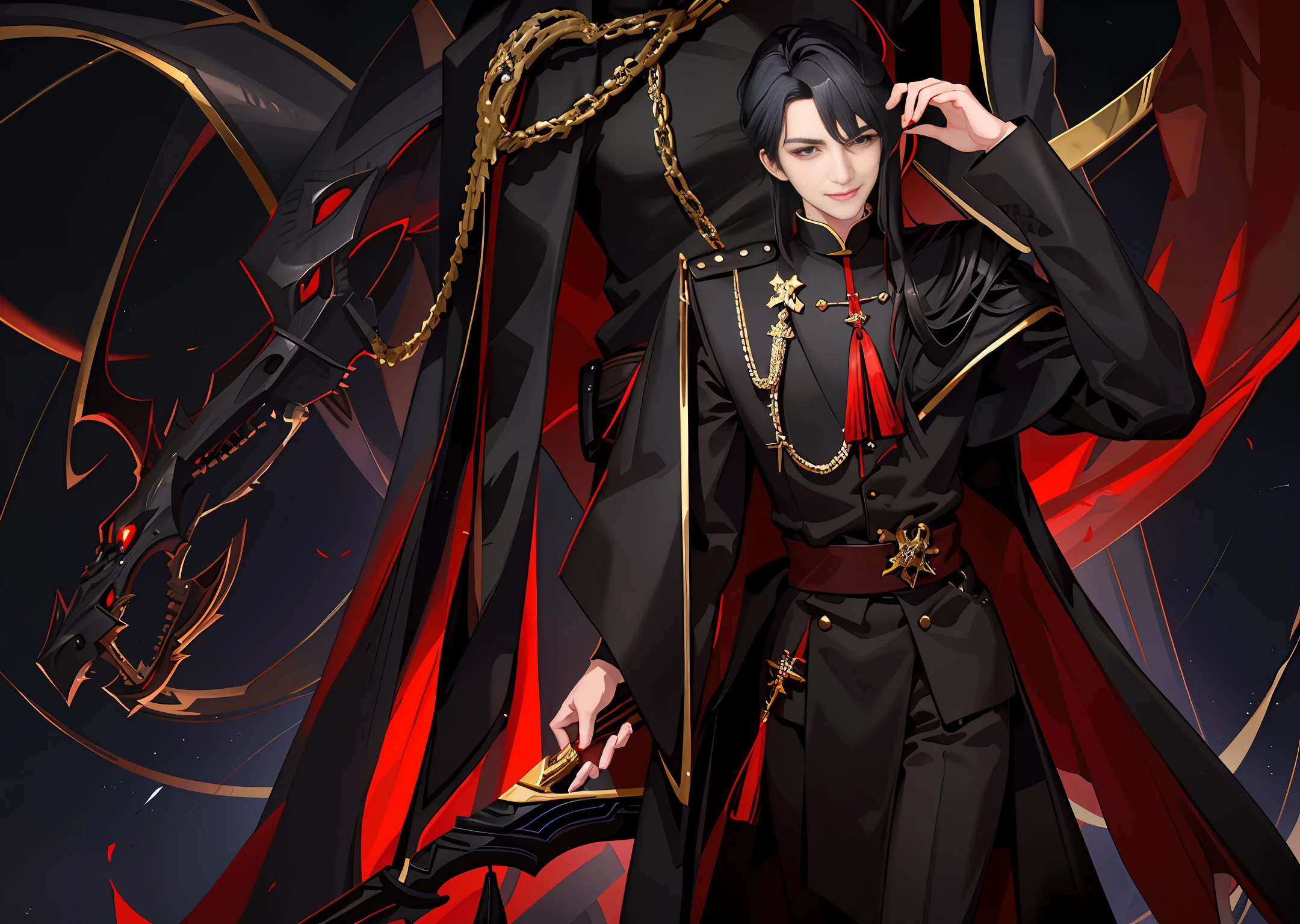 Highest quality, man, vampire, noble, handsome, short black hair, whole body, anime, mature, red vine, blood, sharp teeth, smile