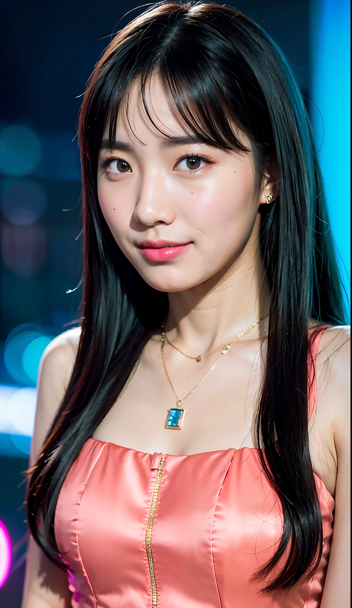 Asian woman with long black hair and necklace, smile, (Face: 1 2), Noise, Special, Real Photo, PSD, Light film photography, sharp focus, contrast light, detailed skin, 8k high resolution, crazy detail, realistic, professional photography, 8k UHD, DSLR, Soft light, high quality, neon light is backdrop