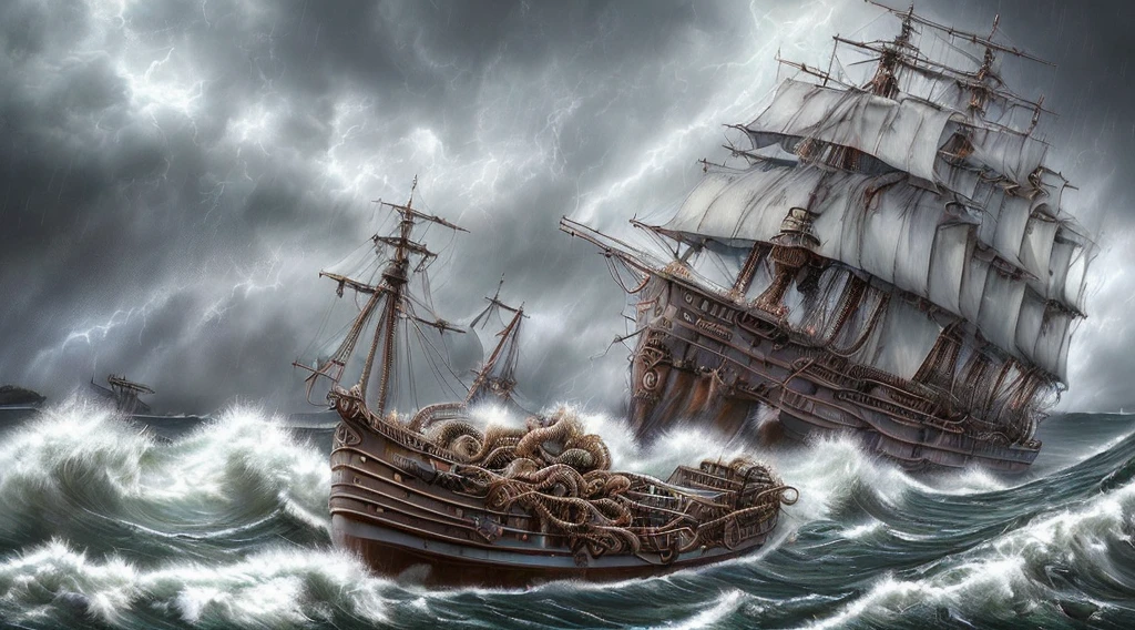 ((masterpiece)), (best quality), ((high detial), ((realistic,)) giant ship, anthropomorphic owl crew, waves, tentacles, entanglement, storm, gloom, wind and rain, overlook