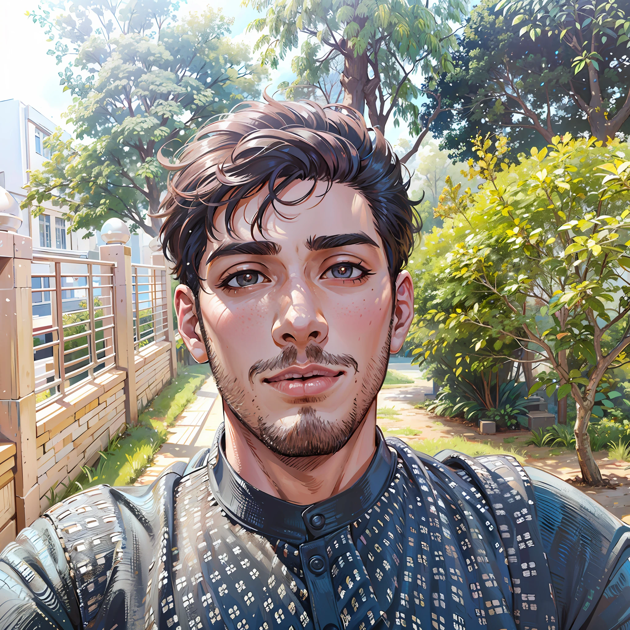 (masterpiece),(best quality:1.0), (ultra highres:1.0), detailed illustration, 8k, 1boy, anime boy, wearing punjabi, smiling, detailed face, perfect face, anime eyes, detailed eyes, dark brown eyes, detailed hair, highlights in hair, sunny, day time, highly detailed, anime style, vibrant