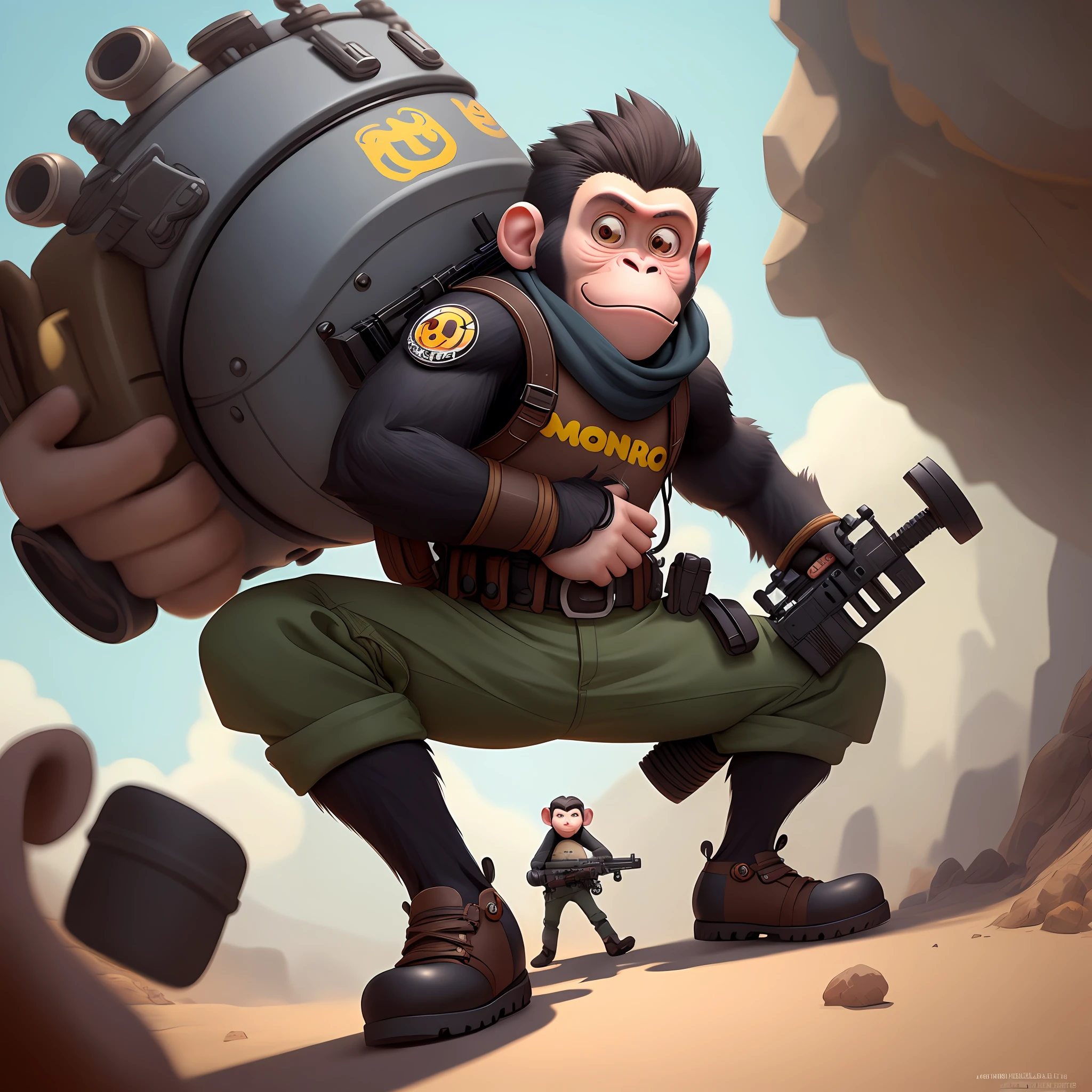 monkey worrior pixar style character cute little with big gun on back,boy monkey