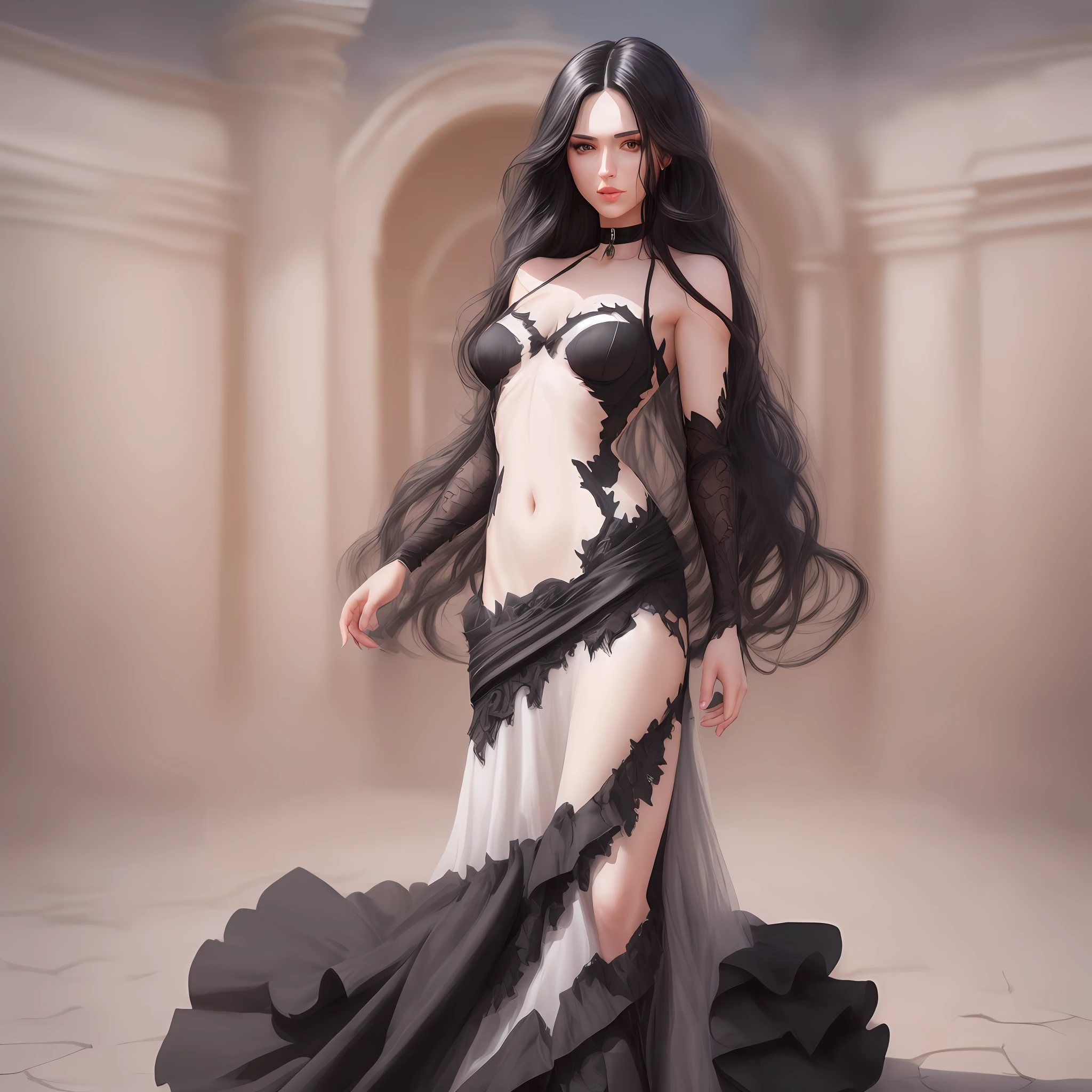 "Complete artwork masterpiece, high quality, ultra detailed in 4k, 8k, high resolution, hyper-realistic photo, hyper-detailed, realistic skin texture, amazing shadows, highly detailed background, extremely detailed texture, perfect lighting, high-level image quality." A woman posing for photos, fair skin, full body, various poses, black dress, shoulders showing, long dress covering body, long black hair, brown eyes, defined face, mouth ajar, small breasts, choker, background detailed cityscape, use reference picture as role model