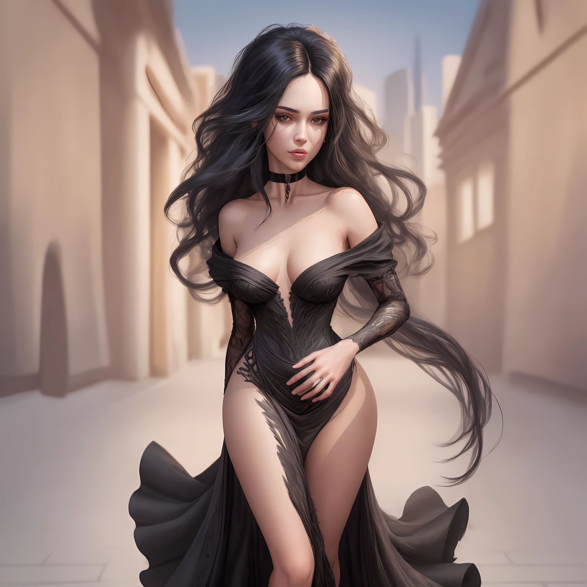 "Complete artwork masterpiece, high quality, ultra detailed in 4k, 8k, high resolution, hyper-realistic photo, hyper-detailed, realistic skin texture, amazing shadows, highly detailed background, extremely detailed texture, perfect lighting, high-level image quality." A woman posing for photos, fair skin, full body, various poses, black dress, shoulders showing, long dress covering body, long black hair, brown eyes, defined face, mouth ajar, small breasts, choker, background detailed cityscape, use reference picture as role model
