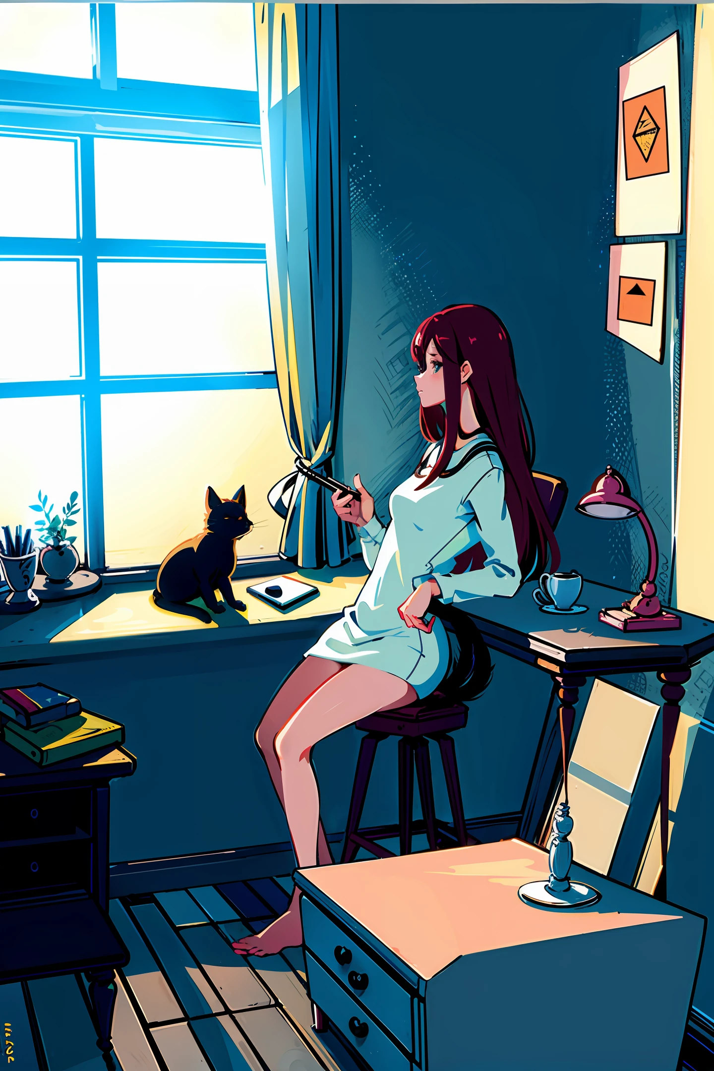 In the comfort of her room, a girl is sitting at her desk, immersed in her studies. The soft light from the lamp next to the computer illuminates the environment, creating a cozy atmosphere conducive to concentration.

The desk, meticulously organized, displays a harmony between the functionality and the personality of the owner. On it are open books, notebooks with meticulous notes, and colored pens. Next to the laptop, there is a cup of hot tea, which releases delicate aromatic vapors. Soft background music helps create an environment conducive to learning.

In the corner of the desk, watching intently the girl's every move, is her faithful feline companion, a cat with soft, shiny fur. He maintains a curious posture, his eyes fixed on the computer screen as his tail swings gently from side to side. With a natural elegance, the cat remains calm and serene, enjoying the company of its owner while she devotes herself to her studies.

Behind the girl, the window is partially open, allowing a gentle breeze into the room, bringing with it the soft sound of birds chirping outside. The curtains lightly sway, creating dancing shadows on the walls, while the tranquil atmosphere surrounds the room.

The scene captures the essence of concentration and the love of knowledge. The girl, accompanied by her loyal cat, dives deep into the academic world, in search of new discoveries and personal growth. It's a charming portrait of a studious young woman, surrounded by her learning tools and the unconditional affection of her pet.

User
with physical characteristics and donates objects 

In the girl's cozy bedroom, the sturdy wooden desk occupies the center of the room. Its surface is covered in a thin layer of dust, evidencing the girl's continuous effort to maintain organization. Next to the laptop is a set of colored pens, each