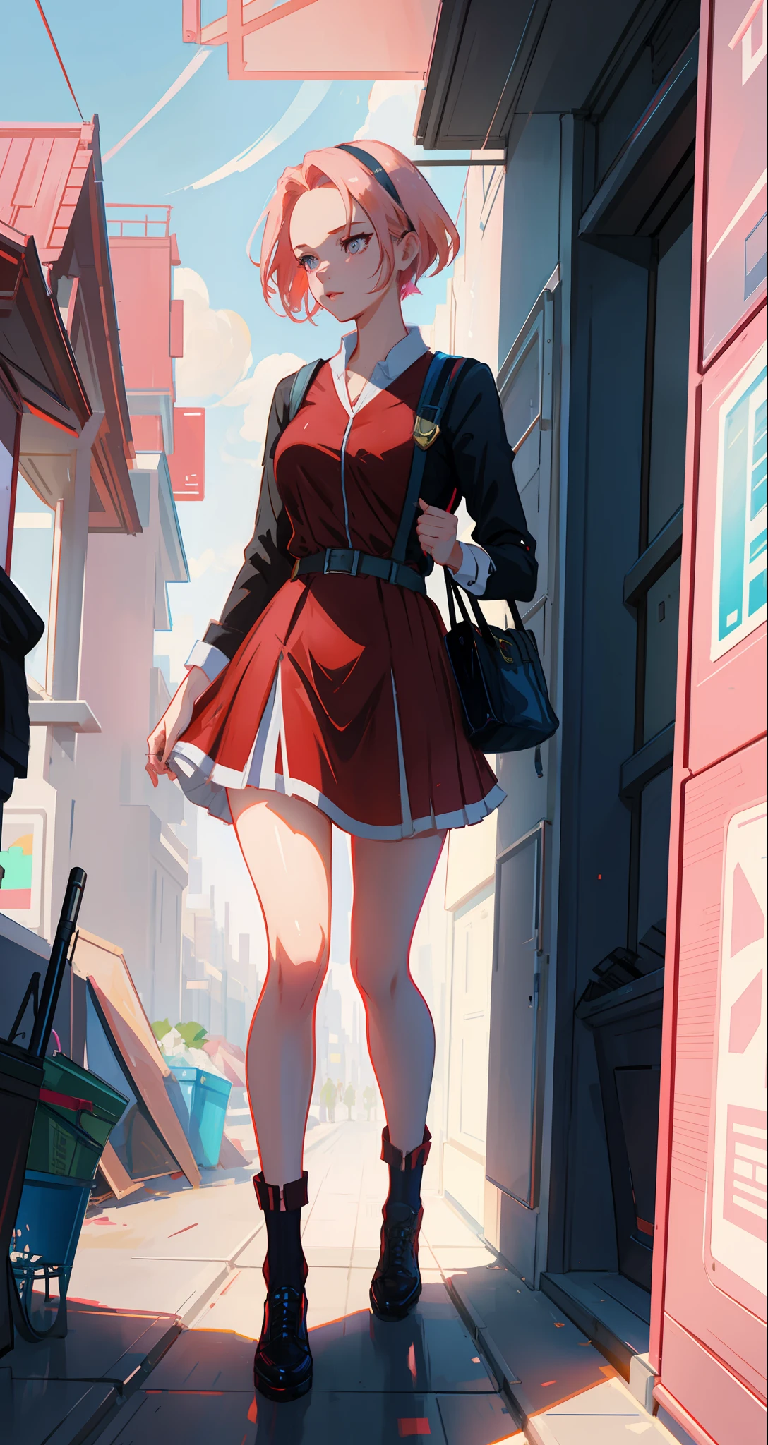 beautiful woman, seductive, ((forehead the show)) student, going to school, attractive, sexy eyes, red dress, forehead to show, queen, pink hair, delicate, young, short hair, full body, from League of Legends, trend at Artstation, by Rhods, Andreas Rocha, Rossdraws, Makoto Shinkai, Laurie Greasley, Lois Van Baarle, Ilya Kuvshinov and Greg Rutkowski