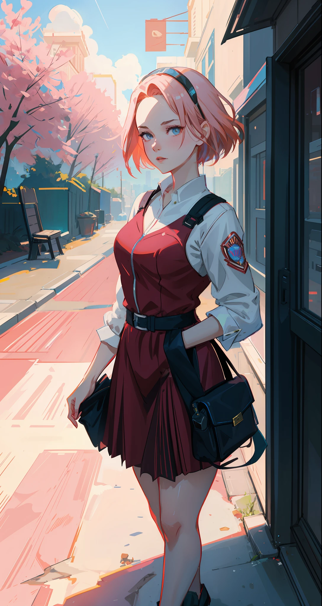 beautiful woman, seductive, ((forehead the show)) student, going to school, attractive, sexy eyes, red dress, forehead to show, queen, pink hair, delicate, young, short hair, full body, from League of Legends, trend at Artstation, by Rhods, Andreas Rocha, Rossdraws, Makoto Shinkai, Laurie Greasley, Lois Van Baarle, Ilya Kuvshinov and Greg Rutkowski