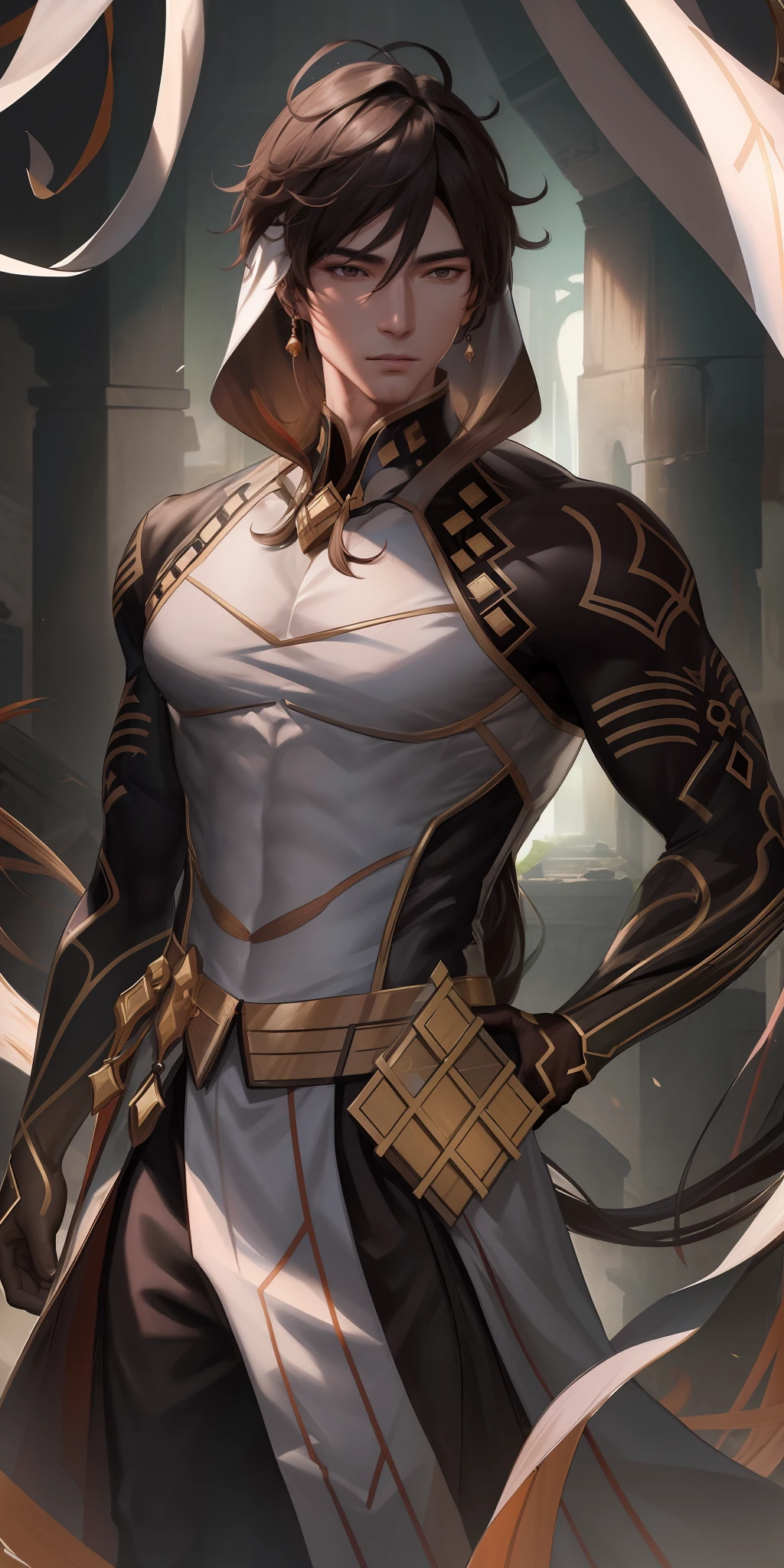 (Best Quality, 8k, Masterpiece :1.3), handsome young man with perfect figure and long hair :1.4, Zhong Li, Zhongli, Dark brown hair, inflated chest, genshin impact, on ruins, in the hands of a spear, Very detailed face and skin, Detailed eyes, Double eyelid