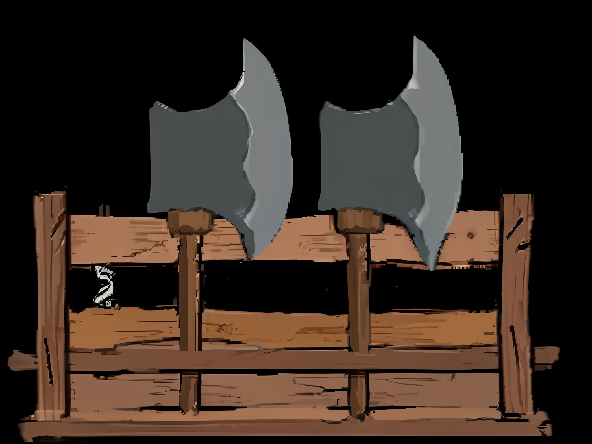 There are two big axes on the wooden frame, double swinging axe, axe, one axe wielded in each hand, Viking style, tomahawk, tomahawk, 2D game assets, [digital art, temporary weapons, huge axes, separate game assets, giant axes, huge stylized axes, halberds, medieval weapons
