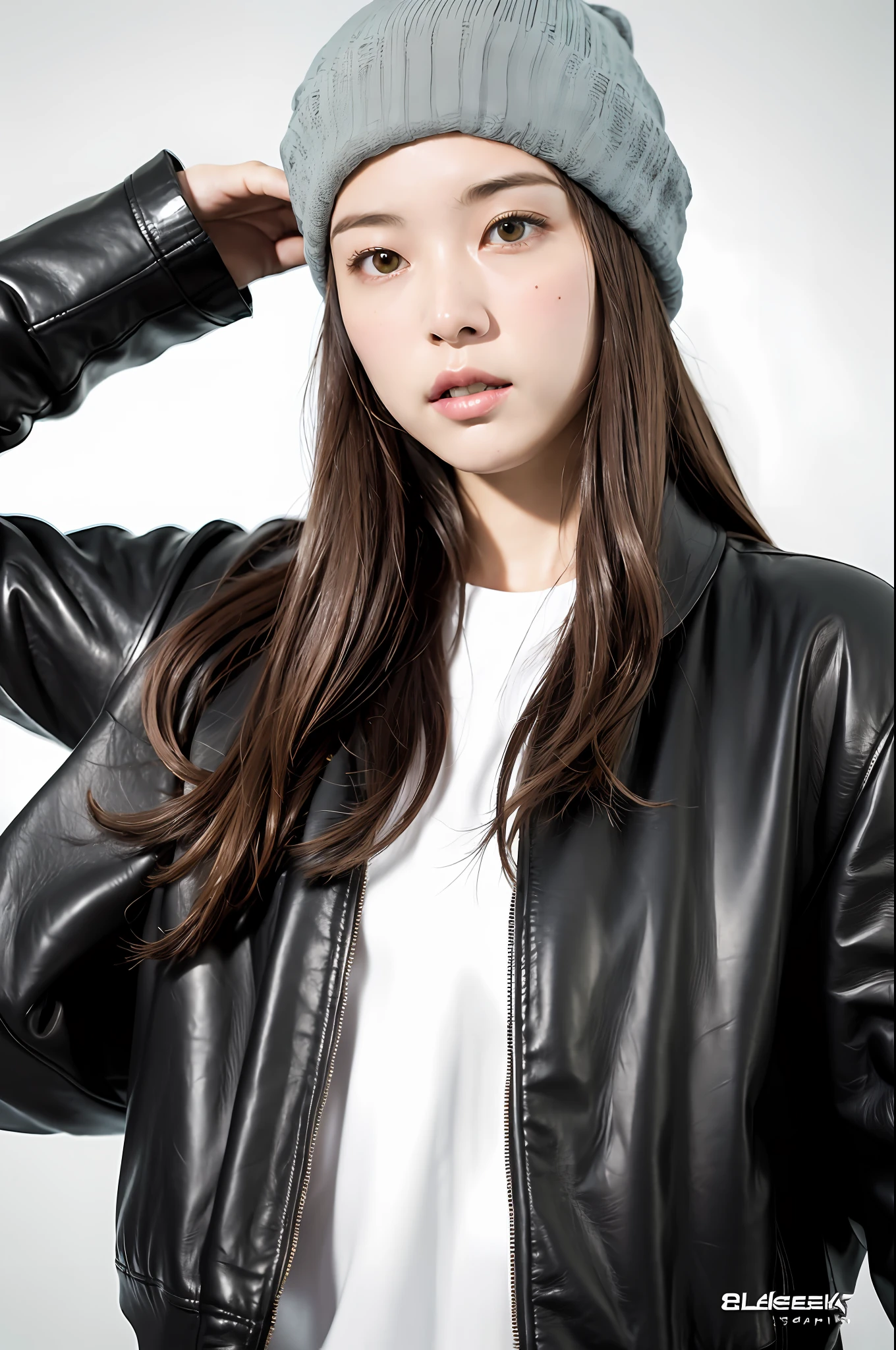 (
(8k:1.27), best quality, masterpiece, ultra highres:1.2) Photo of Pretty Japanese woman
(beautiful:1.1) (sci-fi warrior woman:1.1) space soldier, (beanie:1.61) (leather jacket:1.21) intricate elegant, fantasy, detailed, ometric by greg rutkowski and alphonse mucha, gradient lighting