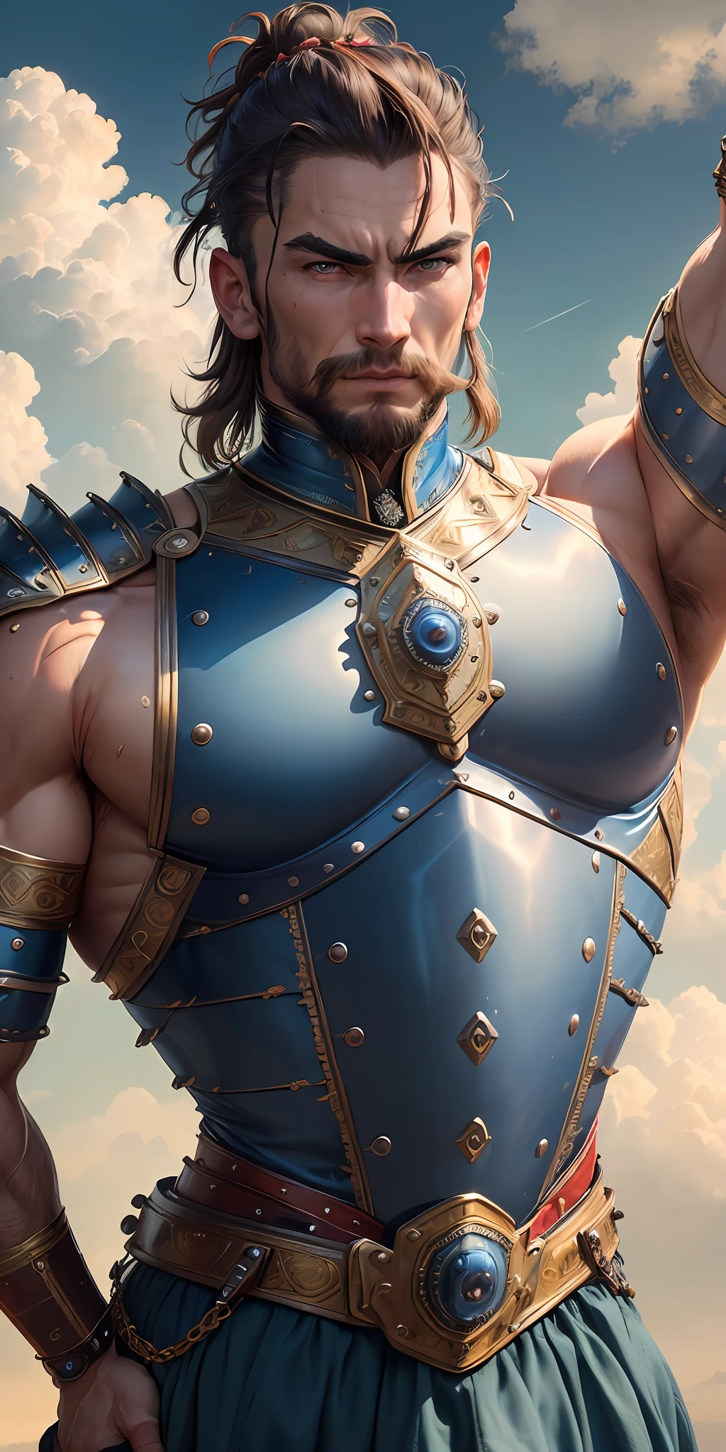 ((best quality)), detailed,// warrior man, (((wearing Victorian-era armor))), ((flexed body)) ,((background: a sky full of clouds)), ((discreet lighting)).