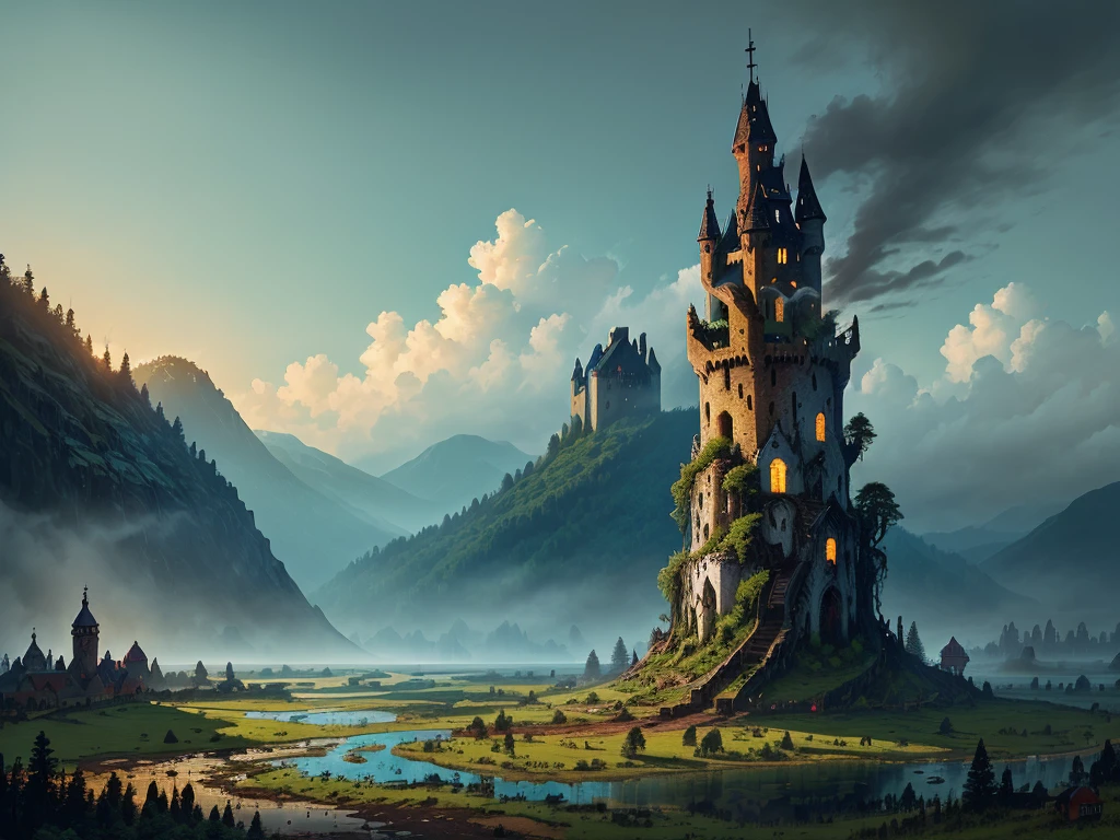 dark fantasy, medieval, damaged, abonded tower, forest, water, mud, clouds, fog,