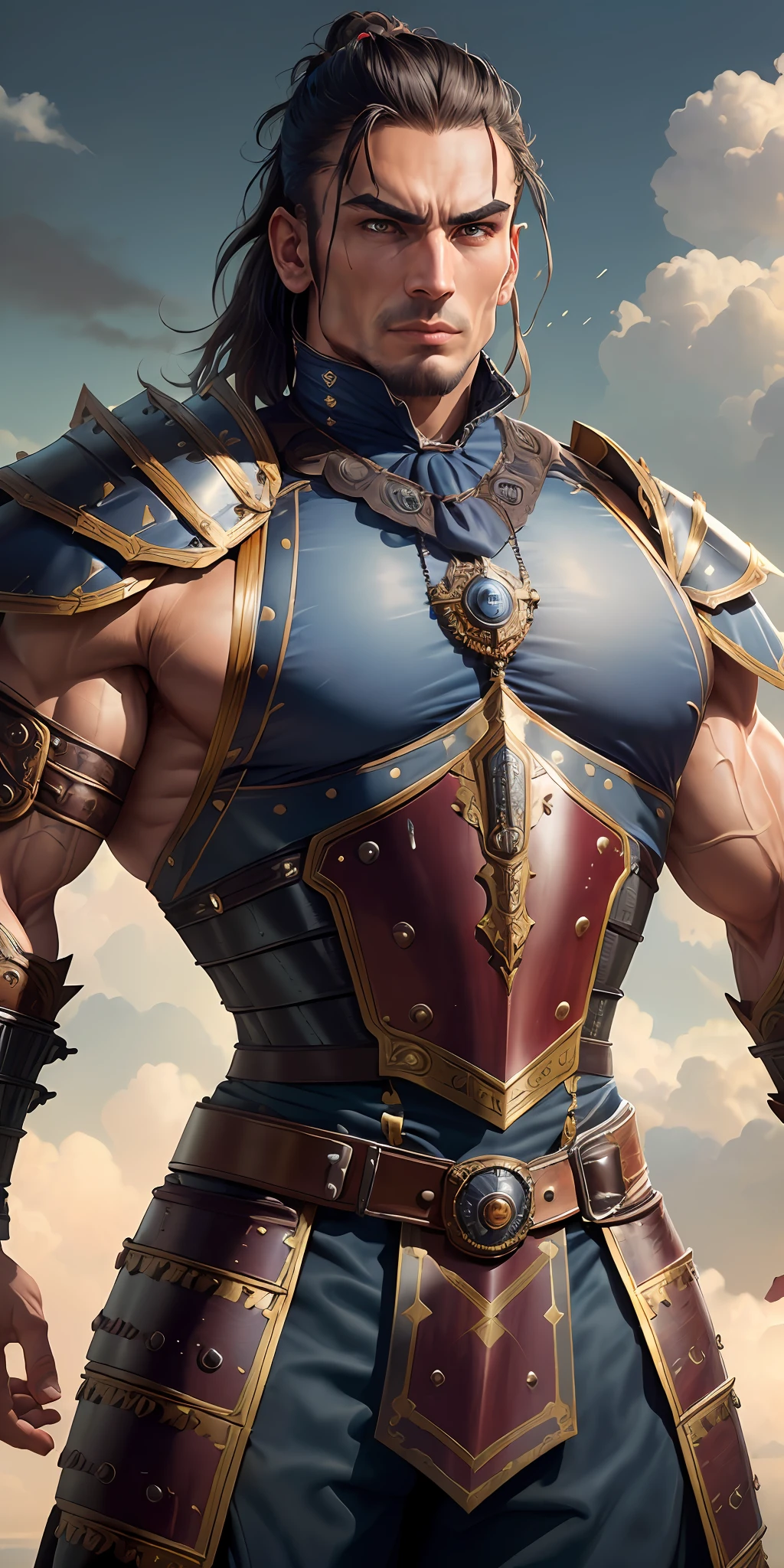 ((best quality)), detailed, warrior man, (((wearing Victorian-era armor))) mortal kombat, ((flexed body)) ,((background: a sky full of clouds)), ((discreet lighting)).