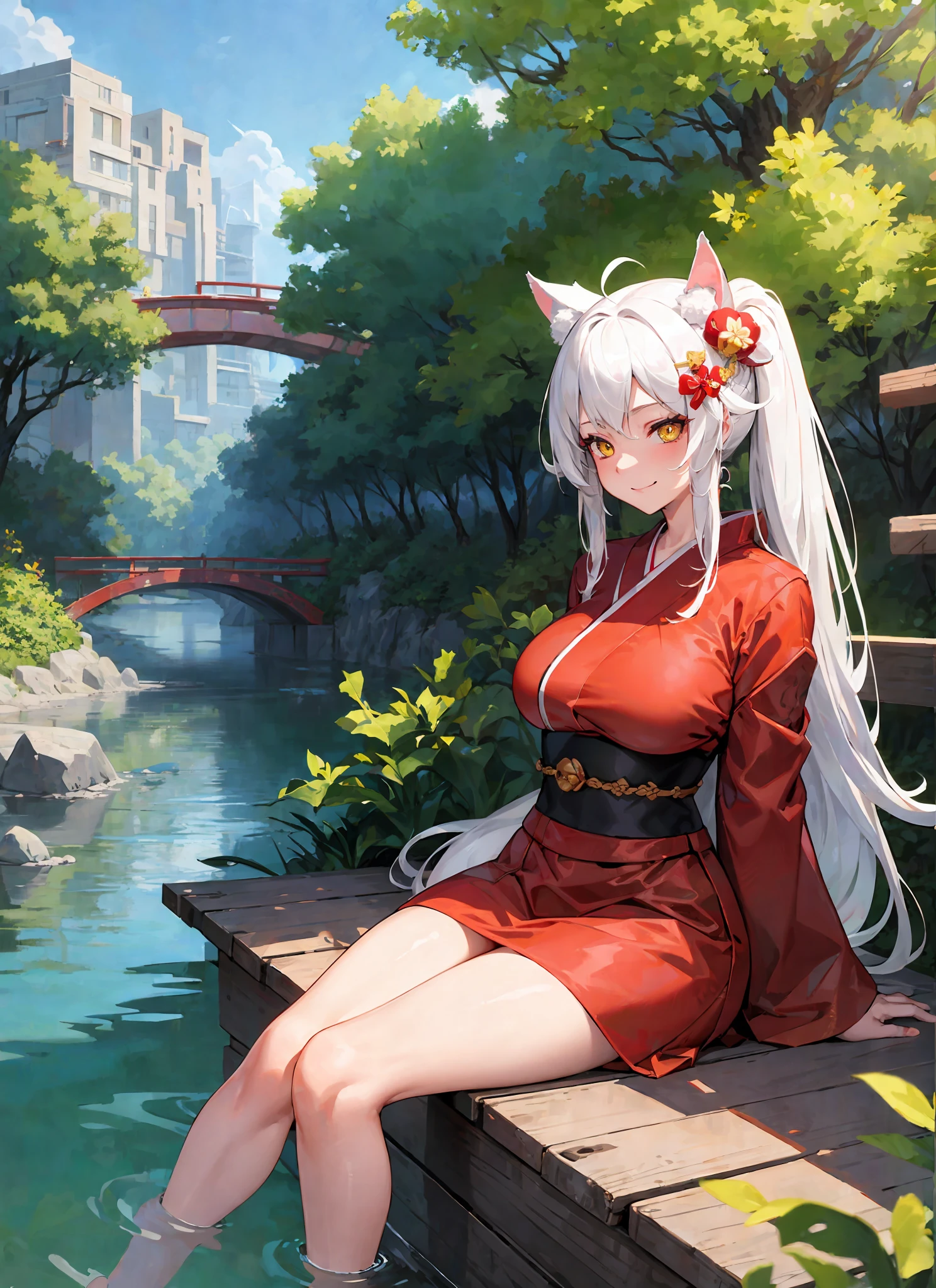 masterpiece, best quality, 1girl, yellow eyes, long hair, white hair, sitting, red kimono, large breasts, light smile, arms behind back, nature, hair ornament, animal ears, bridge, water