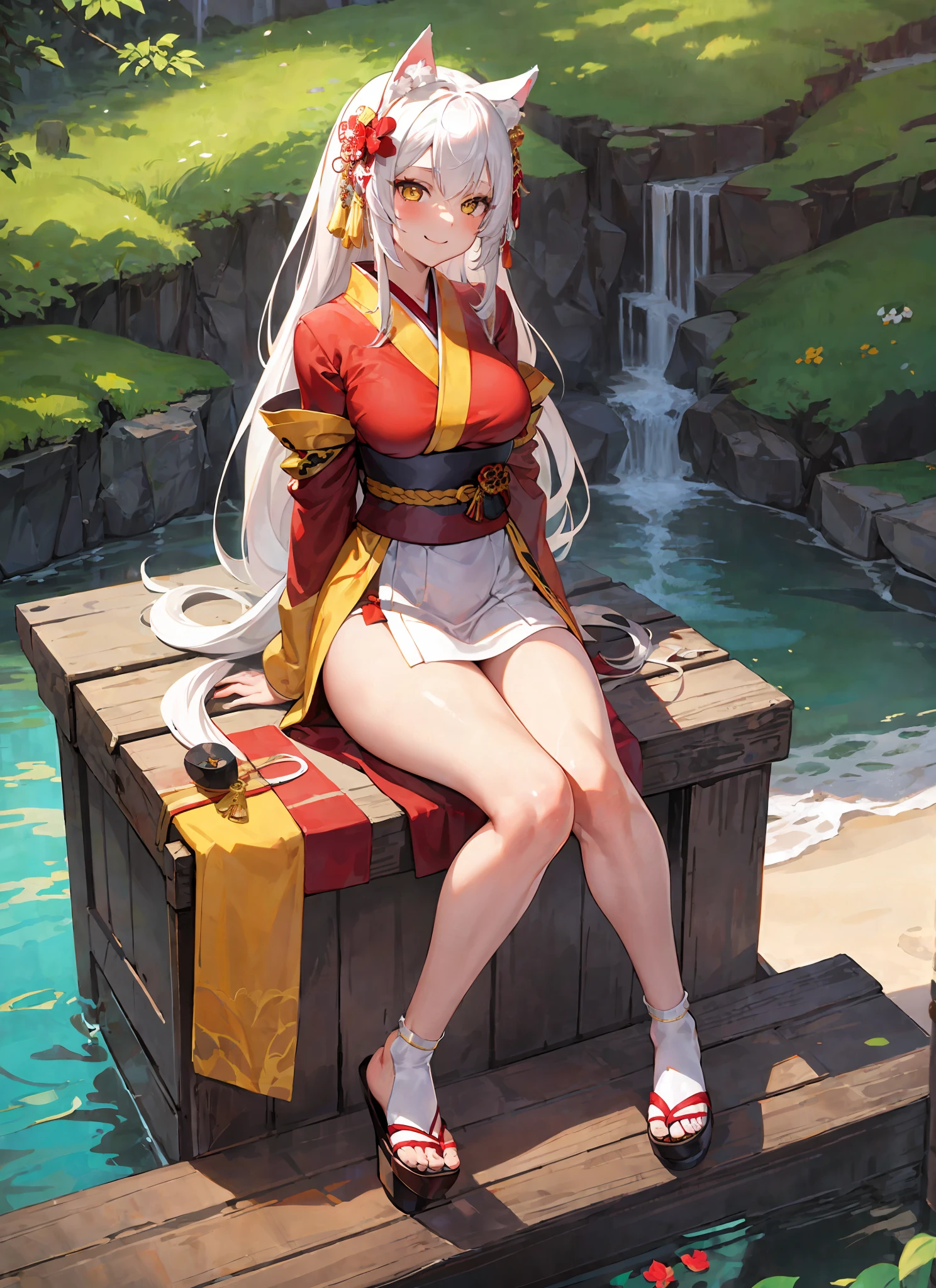 masterpiece, best quality, 1girl, yellow eyes, long hair, white hair, sitting, red kimono, large breasts, light smile, arms behind back, nature, hair ornament, animal ears, bridge, water