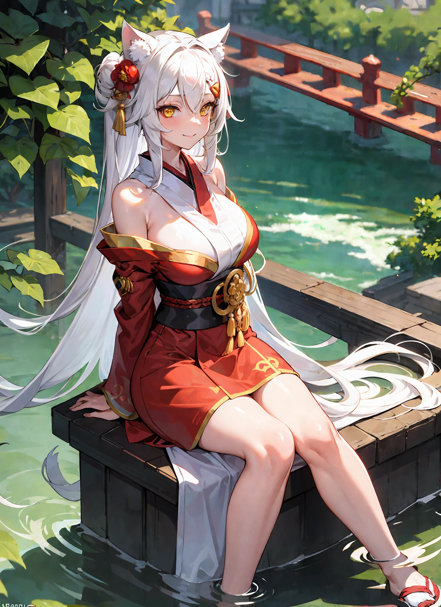 masterpiece, best quality, 1girl, yellow eyes, long hair, white hair, sitting, red kimono, large breasts, light smile, arms behind back, nature, hair ornament, animal ears, bridge, water