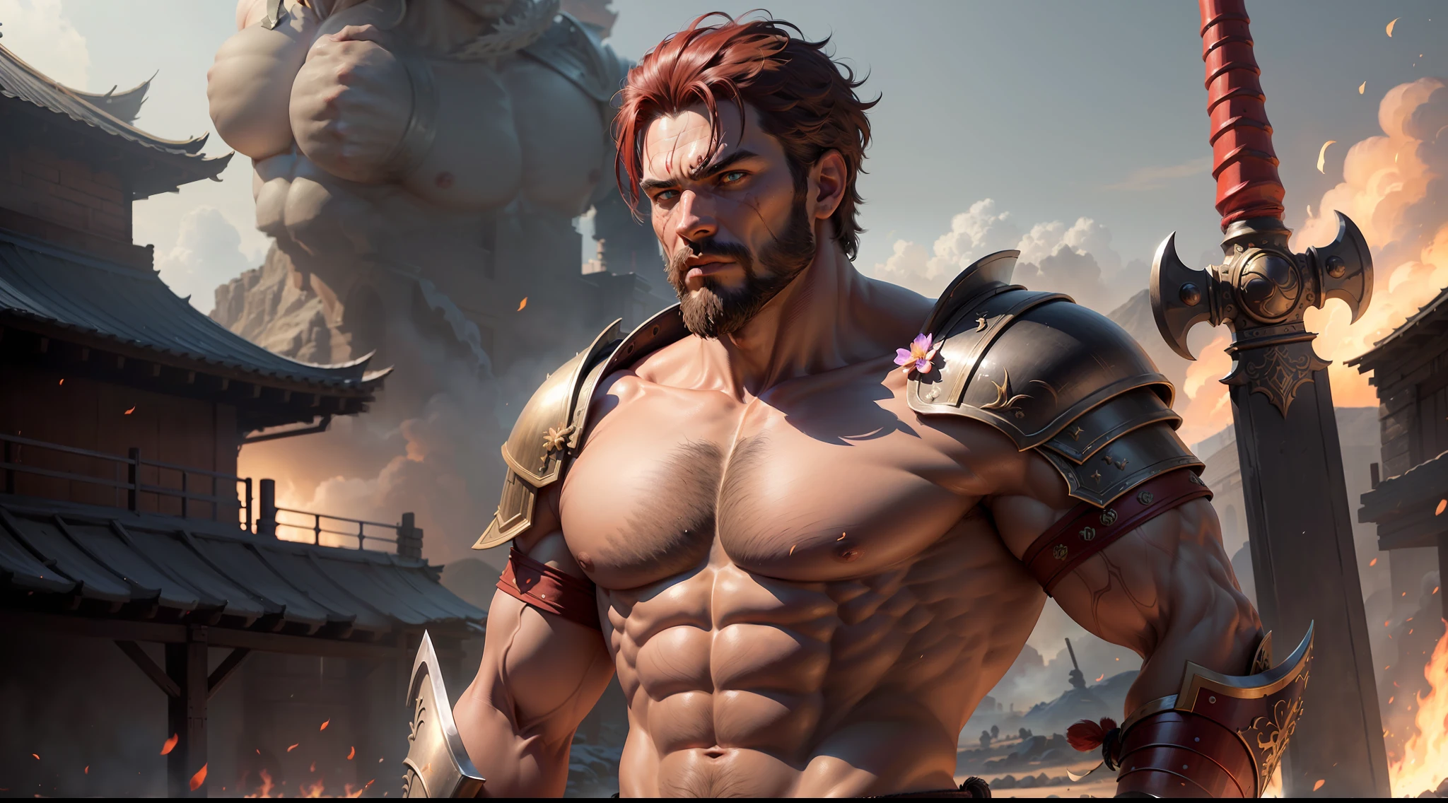 guy, god of war, pumped up, huge sword in one hand, sword tip on the ground, naked torso, armor samurai, aggressive look, tall, skin color slightly purple, strong veins, red fiery eyes, the background of the destruction of war burning grass and fires, view from afar,  detailed face, detailed hands, detailed legs, detailed fingers, detailed hair, detailed eyes, detailed skin, dynamic lighting, (photorealistic:1.4), 8k uhd, (hyper realistic), (photo realistic), (masterpiece), (best quality)