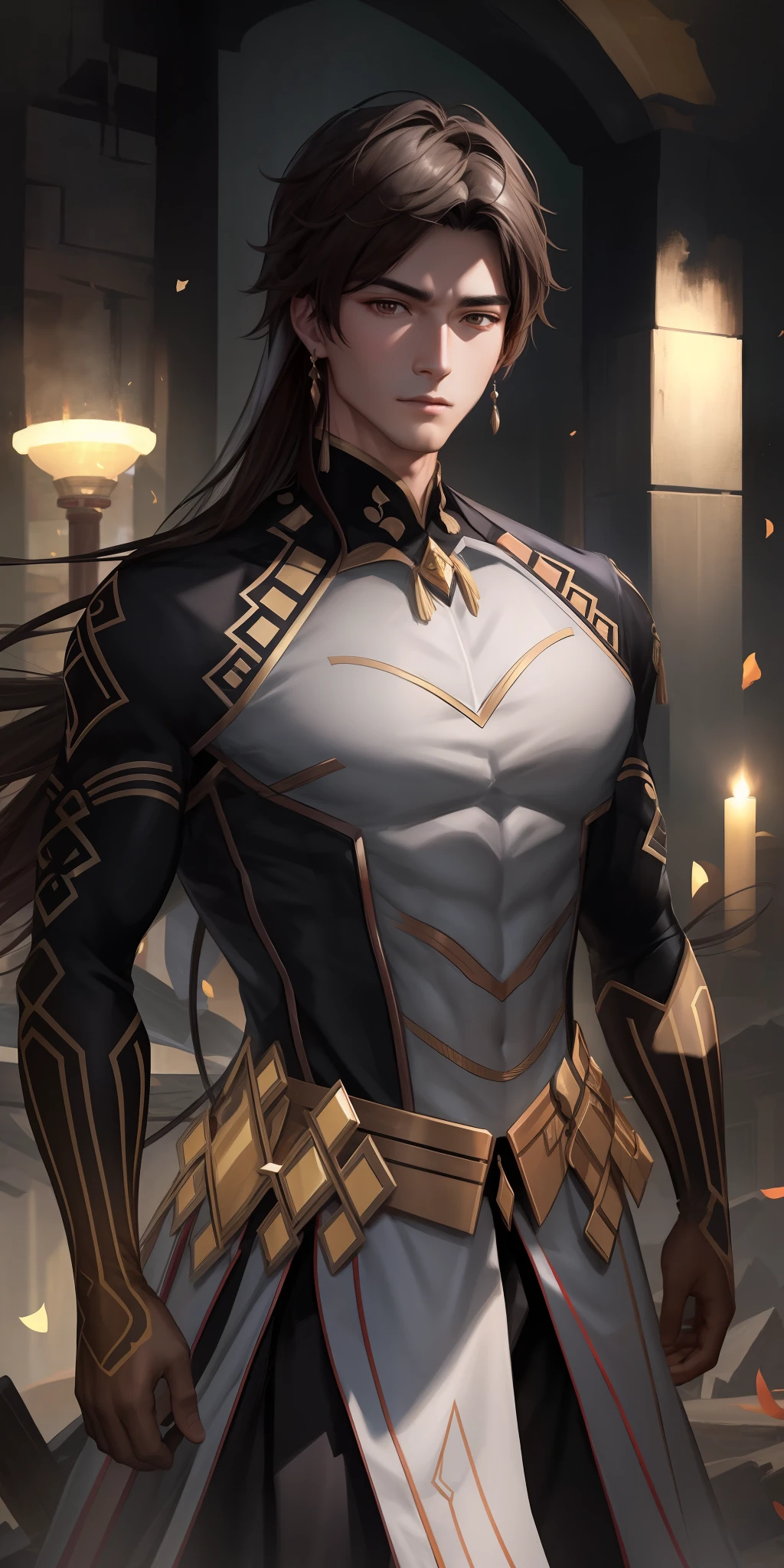 (Best Quality, 8k, Masterpiece :1.3), handsome young man with perfect figure and long hair :1.4, Zhong Li, Zhongli, Dark brown hair, inflated chest, genshin impact, on ruins, spear in hand, Very detailed face and skin, Detailed eyes, Double eyelid, chest and shoulders visible, intricate costume details, beautifully curved, very beautiful face, magic