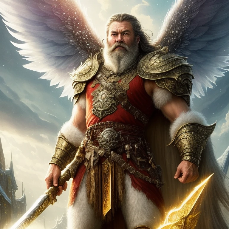 super high resolution, best quality, photo, 8k, (photorealistic: 1.2), cinematic lighting, An old man shaped like a fantz wlop, giant man with beard in bright white robes floating on the crystal throne, floating on crystal clouds, yellow eyes, bright yellow light emitted from the throne, precious stones floating in the sky, God, with beams of light enveloping his body, with large translucent, feathered wings on the crystal throne, wings are open, golden light (halo:1.2) over your head, abdominal muscles dressed in medieval golden armor, beard, masculine, dark, masterpiece, best quality, intricate details, snow environment and crystals in the background, crystal cathedral, portal of the future, 3D light, HD, magic, god of light, backlighting, detailed face, DREAD, depth of field, soft lighting, mapped tone, highly detailed, concept art, smooth, sharp focus, dramatic lighting, highly detailed art, cinematic, 8K, amazing shadows (highly detailed background: 1.2), a viking fighting, blood, sweat, war, full body image, holding the bjorn in his left hand.