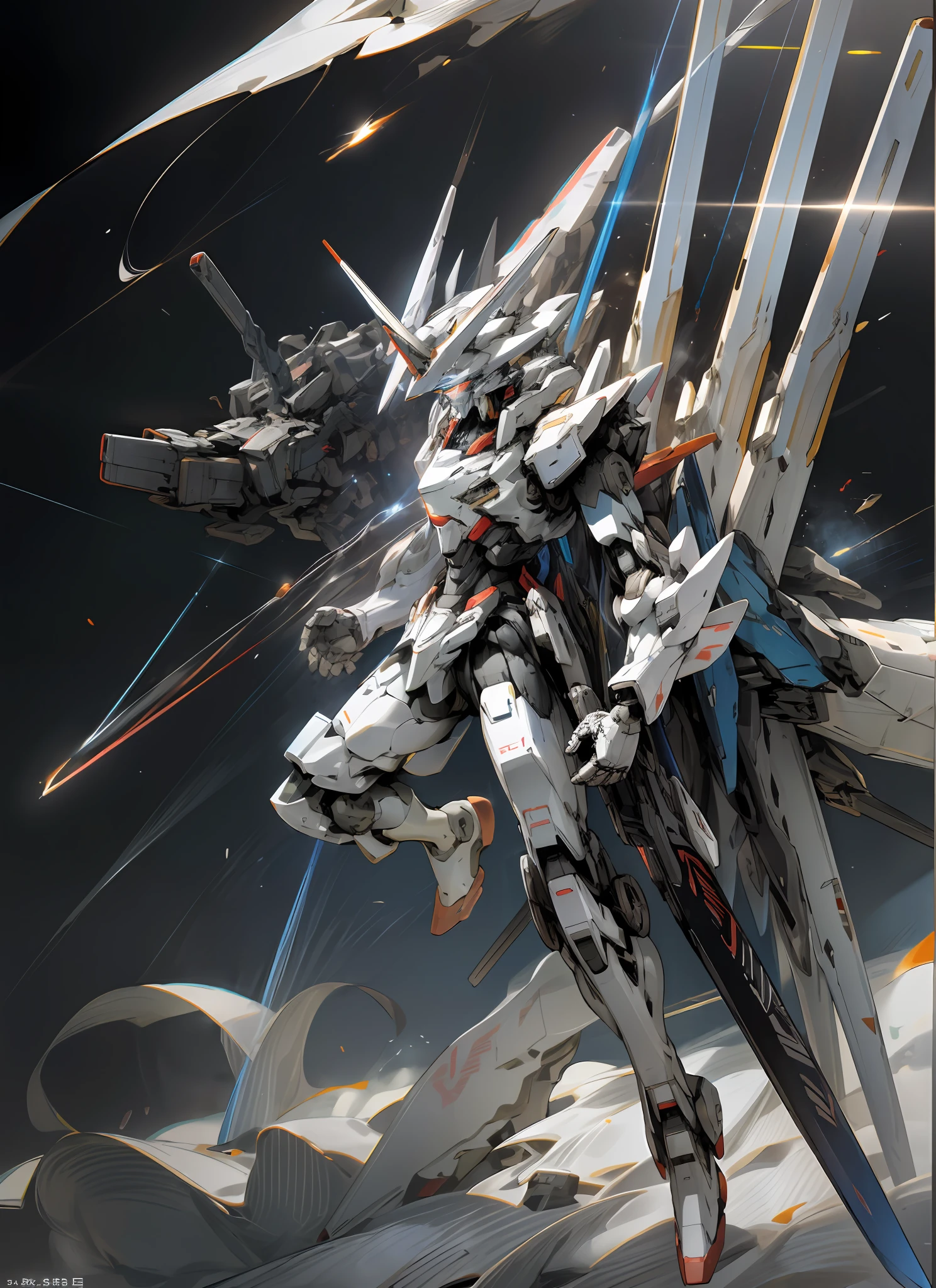 Surrealism, ray tracing, UHD, high details, 8k, best quality, textured skin, Gundam Mech, Masterpiece, Best Quality, Mecha, Unmanned, (Full Body), (White Mech: 1.5), (Axisymmetry: 1.4), (HDR), (Cinematic Light: 1.1), White Eyes, Cool, Science Fiction, Fire, Laser Cannon Beam, War, Conflict, Space Overlook Earth Background Handheld Weapon, (Holding a huge weapon: 1.5), holding an oversized shield, mech man,