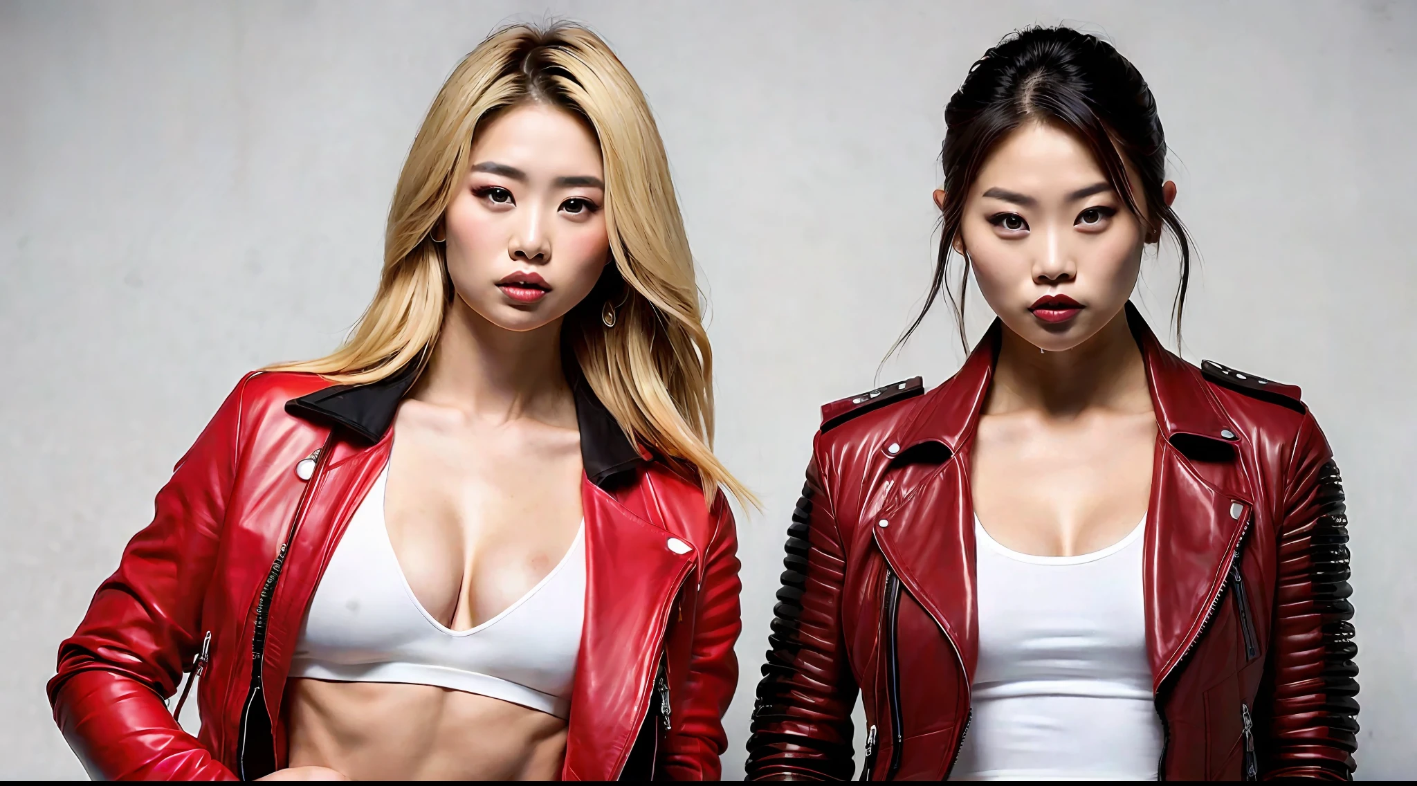 4 beautiful young Asian women with blond hair and a bodybuilder physique, large breasts, wear red leather jackets on a white top