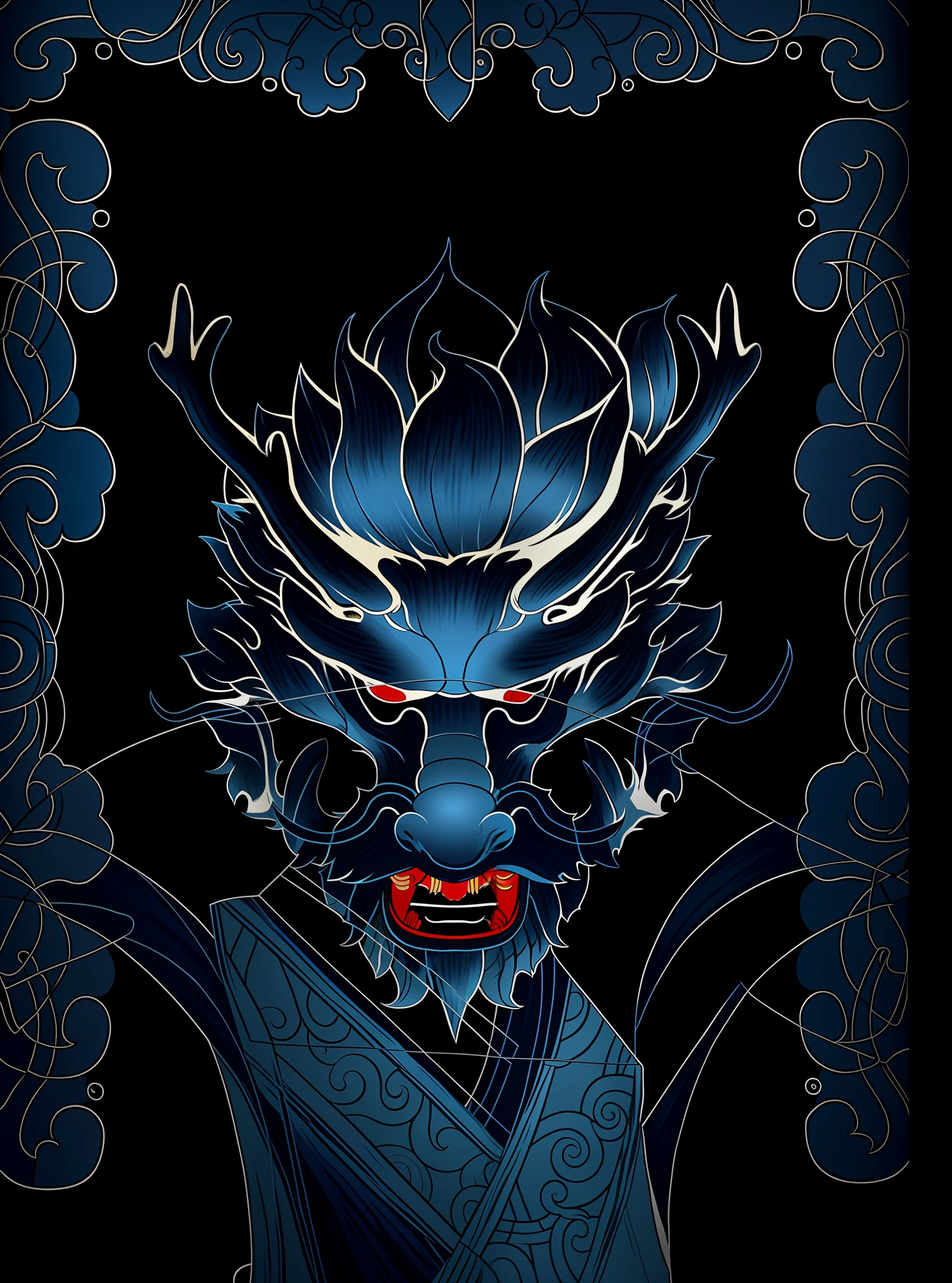 Chinese style dragon head hand-painted The edge is blue wave Hand painted style Below the dragon head is a Chinese style costume
