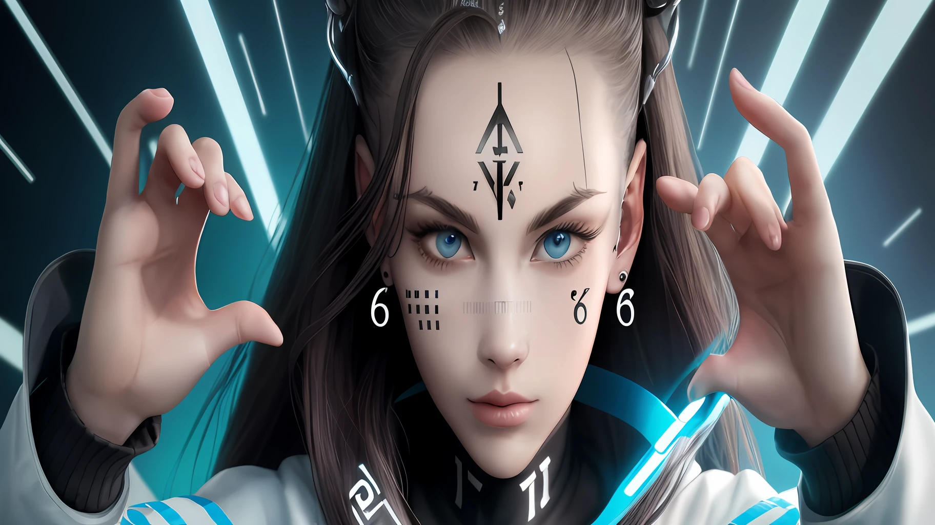 Describe images of people with the mark of the beast on the forehead or right hand number 666, chip, barcode with number 666, technologies, illustration style, high quality images, 8k, ultra realistic images, ultra realistic details