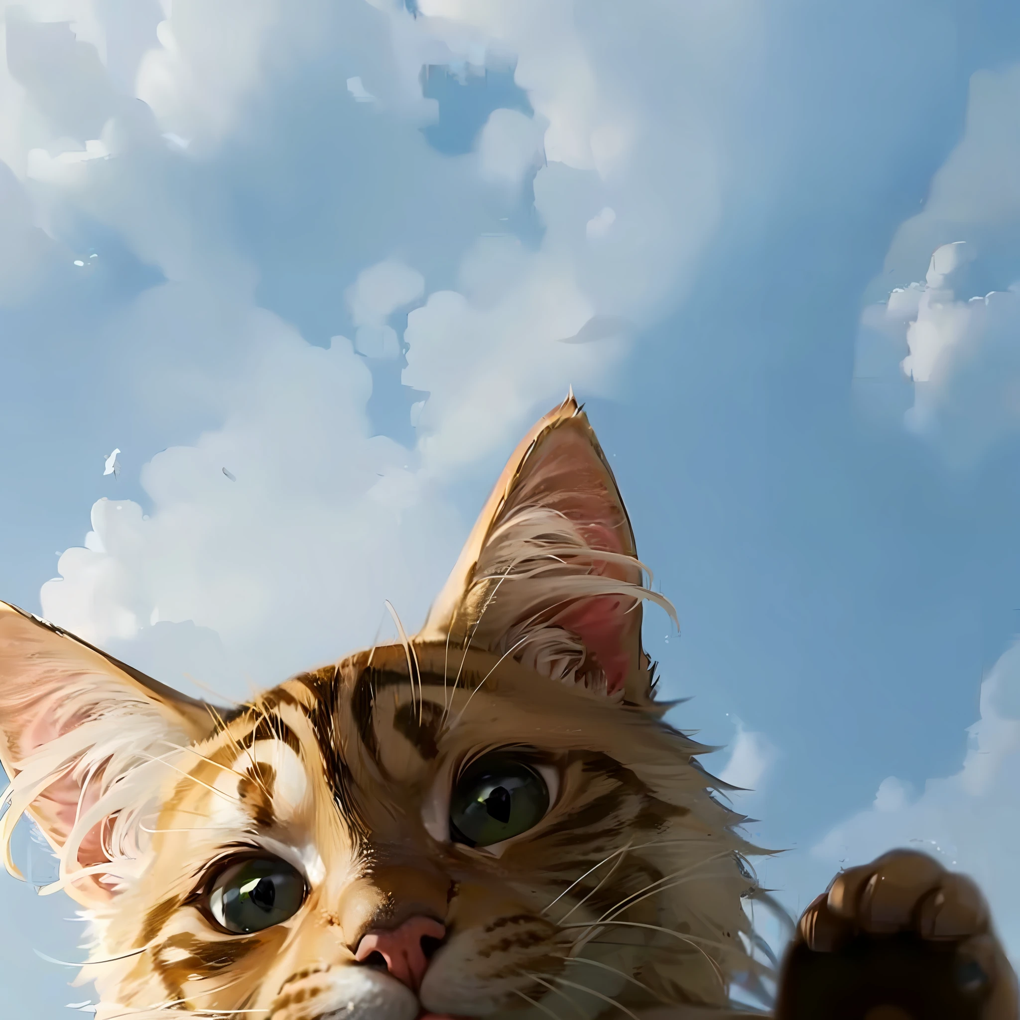 there is a cat that is looking up at the sky, looking up at the camera, looking up at camera, cute cat photo, looking upwards, awesome cat, waving at the camera, looking up, upward shot, towering over the camera, paw pov, looking upward, looking at the sky, cute cat, cat is floating in air, perspective from below