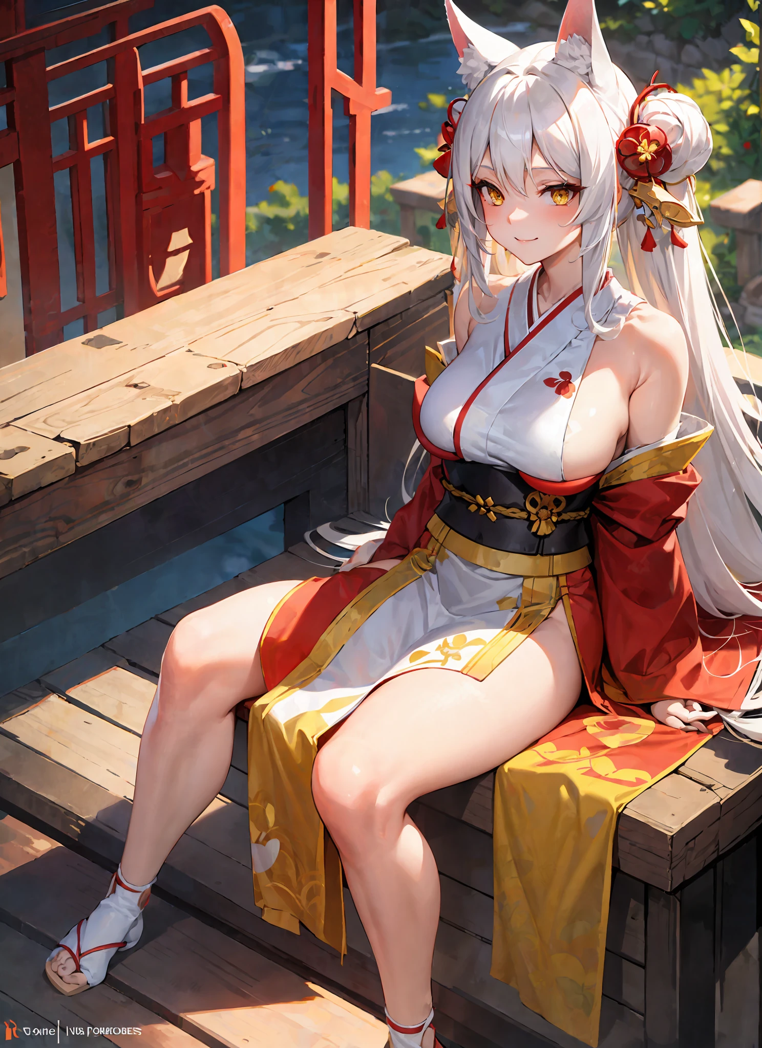 masterpiece, best quality, 1girl, yellow eyes, long hair, white hair, sitting, red kimono, large breasts, light smile, arms behind back, nature, hair ornament, animal ears, bridge,
