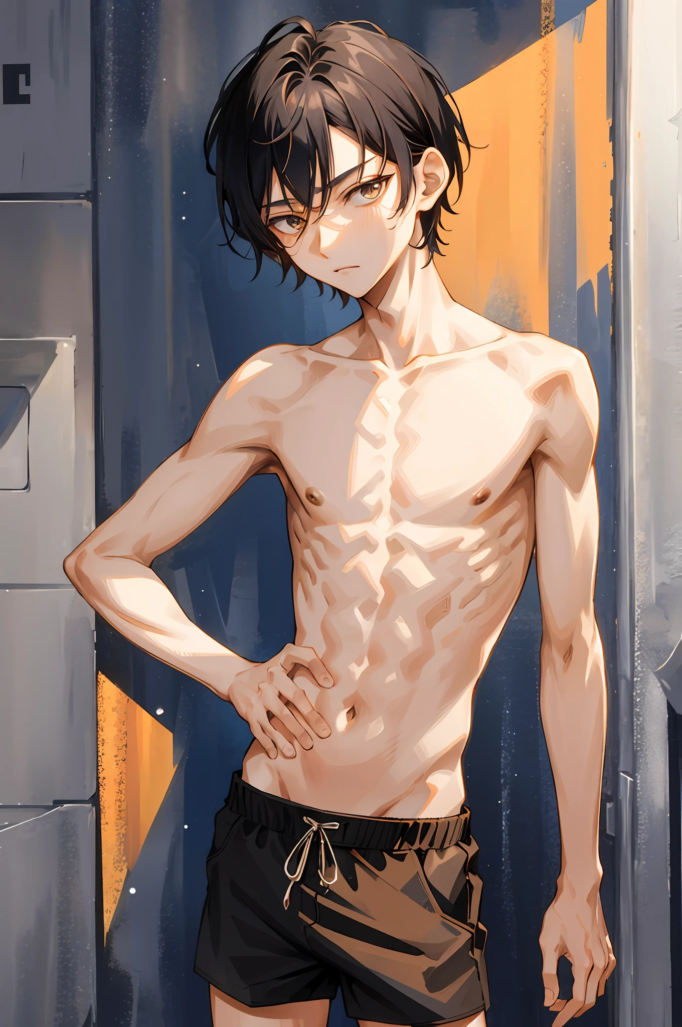 1 boy, short, , very skinny, weak build, bright, pretty face, street style, street style, looking at the viewer, black hair, coma hair, brown eyes, dark brown long hair, upper body, (shirtless), shorts, very detailed eyes, graphic design, masterpiece, shirtless, skinny, punctual orange color