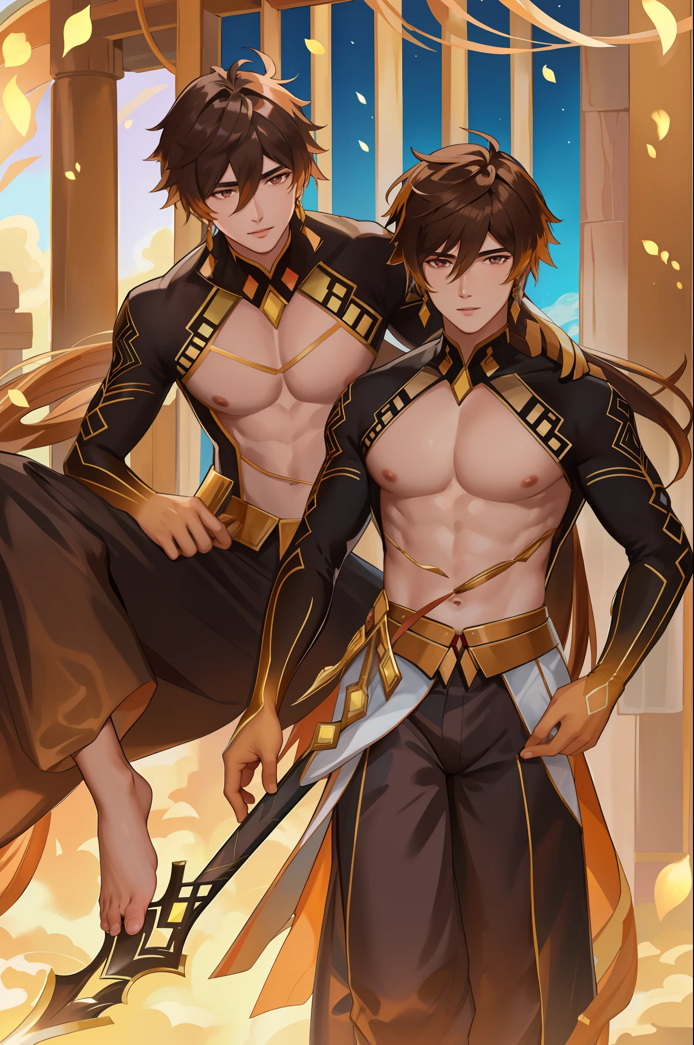 (Best Quality, 8k, Masterpiece :1.3), handsome young man with perfect figure and long hair :1.4, Zhong Li, Zhongli, Dark brown hair, inflated chest, genshin impact, on ruins, in the hands of a spear, Very detailed face and skin, Detailed eyes, Double eyelid, chest and shoulders visible, intricate costume details, beautifully curved, very beautiful face, magic, belts, seat belts, bondage, CGSociety, ArtStation