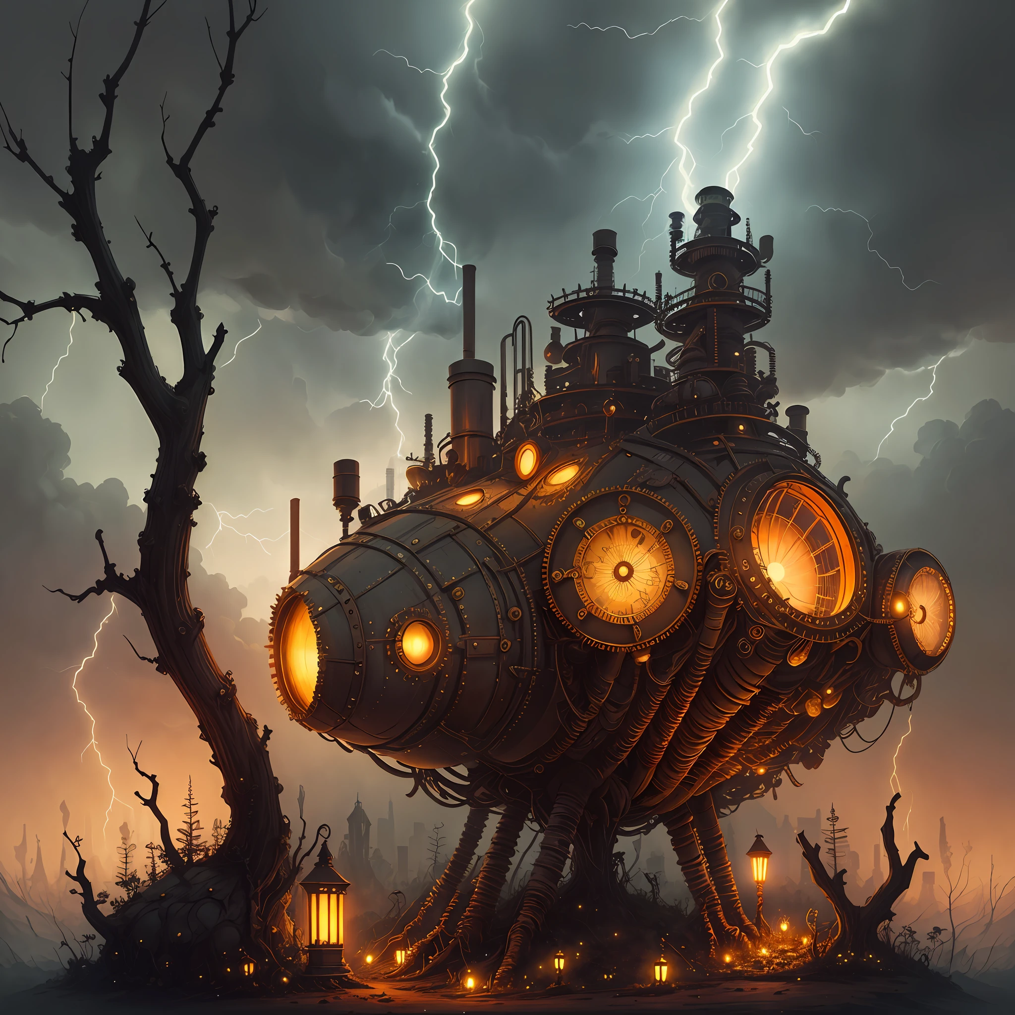 steampunk inspired anthill, dark atmosphere, firefly, foliage, lightning