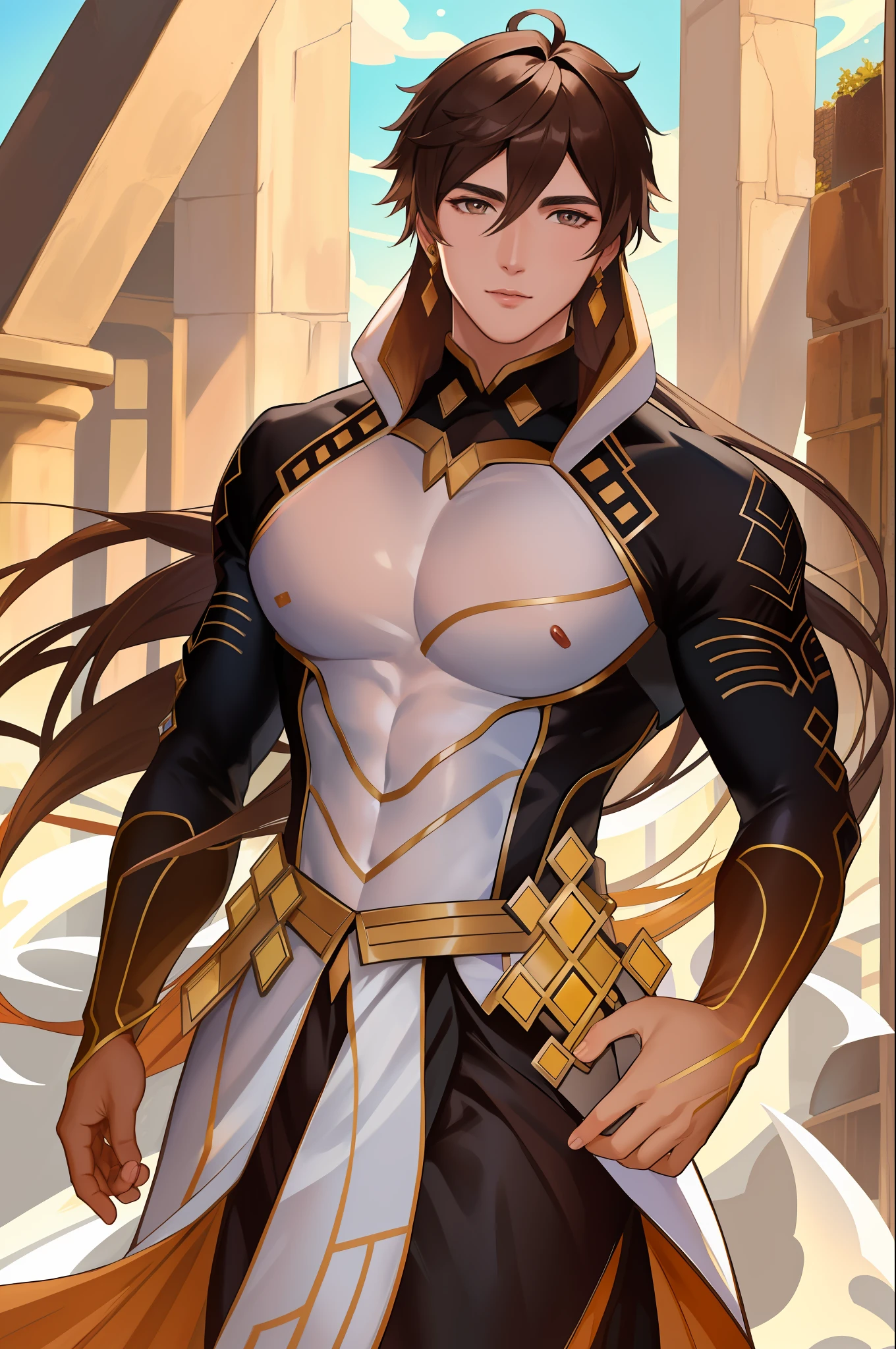 (Best Quality, 8k, Masterpiece :1.3), handsome young man with perfect figure and long hair :1.4, Zhong Li, Zhongli, Dark brown hair, inflated chest, genshin impact, on ruins, in the hands of a spear, Very detailed face and skin, Detailed eyes, Double eyelid, chest and shoulders visible, intricate costume details, beautifully curved, very beautiful face, magic, belts, seat belts, bondage, CGSociety, ArtStation