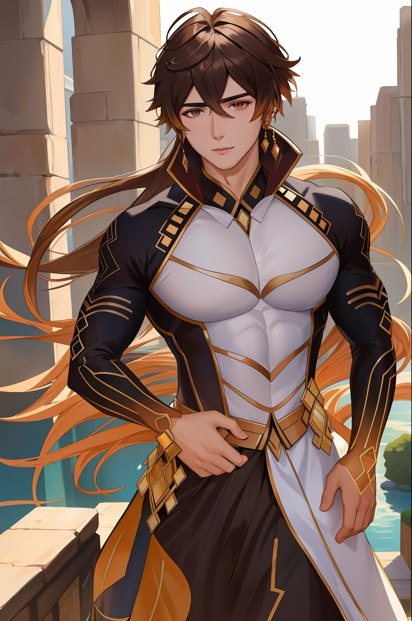 (Best Quality, 8k, Masterpiece :1.3), handsome young man with perfect figure and long hair :1.4, Zhong Li, Zhongli, Dark brown hair, inflated chest, genshin impact, on ruins, in the hands of a spear, Very detailed face and skin, Detailed eyes, Double eyelid, chest and shoulders visible, intricate costume details, beautifully curved, very beautiful face, magic, belts, seat belts, bondage, CGSociety,  ArtStation