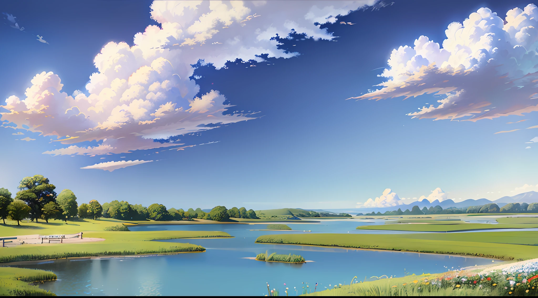 Realistic, authentic, beautiful and amazing landscape oil painting Studio Ghibli Hayao Miyazaki&#39;s petal grassland with blue sky and white clouds --v6