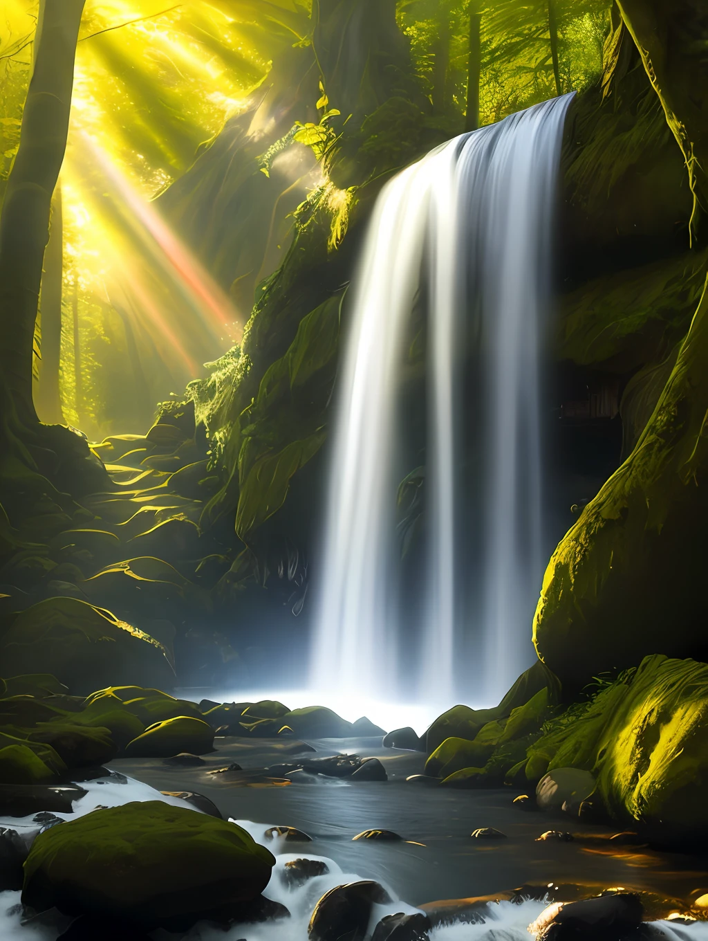 Deep forest waterfall, with puzzle statue, sunlight, 8k, highly detailed,
