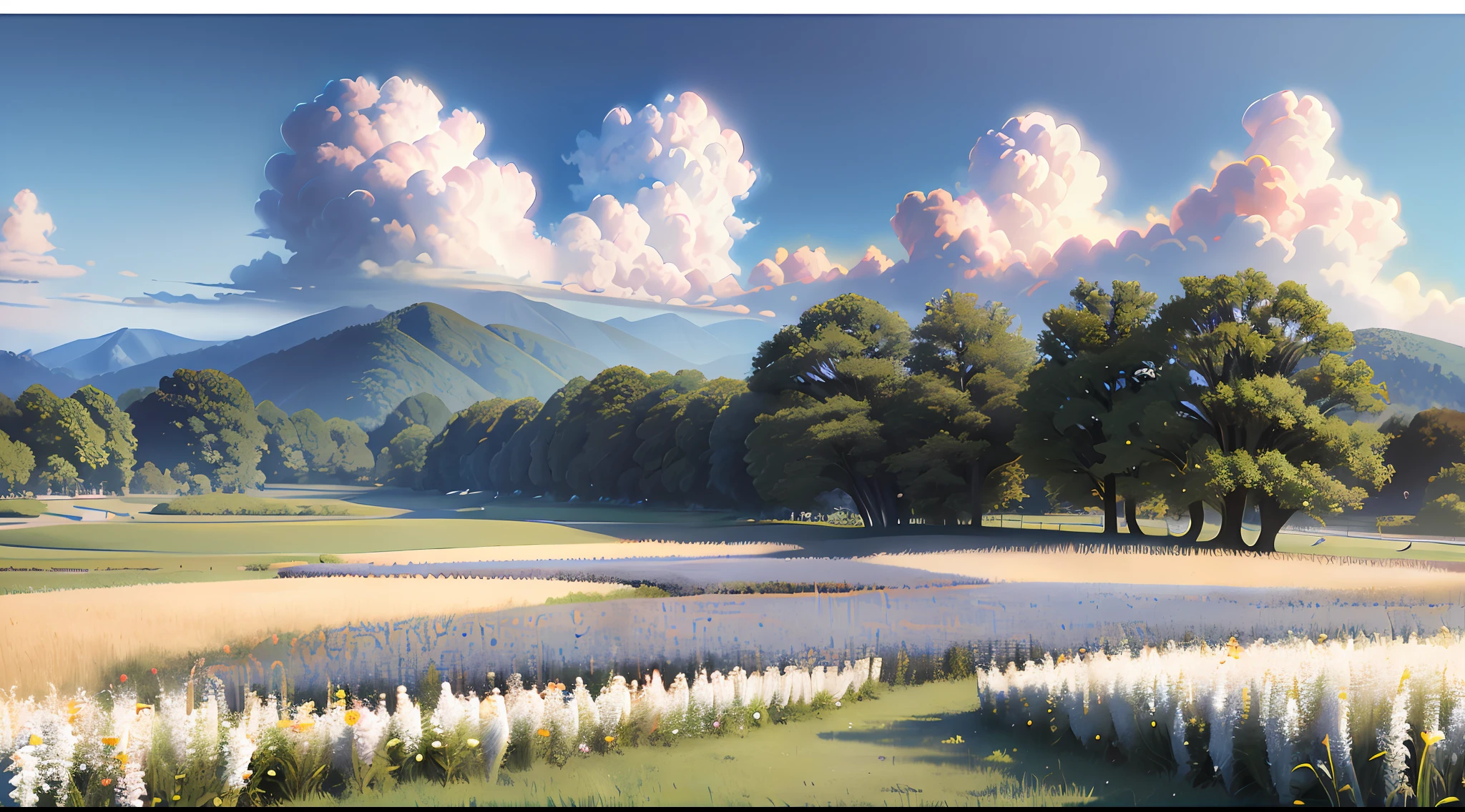 Realistic, authentic, beautiful and amazing landscape oil painting Studio Ghibli Hayao Miyazaki's petal grassland with blue sky and white clouds --v6