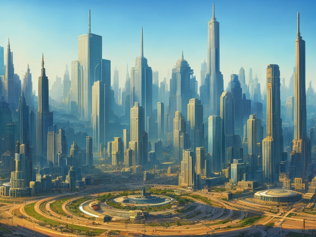Modern city in the style of Michael Whelan
