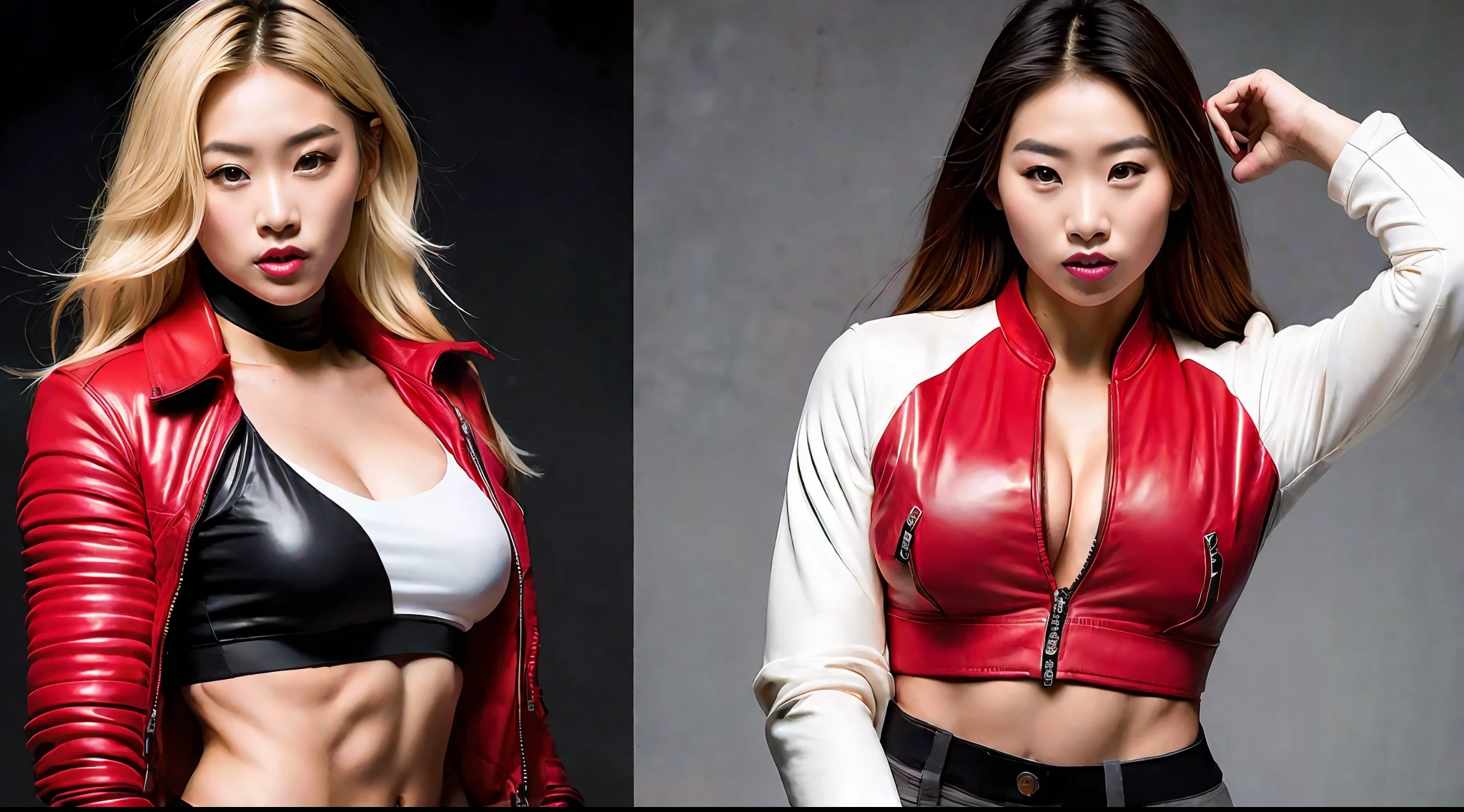 4 beautiful young Asian women with blond hair and a bodybuilder physique, large breasts, wear red leather jackets on a white top