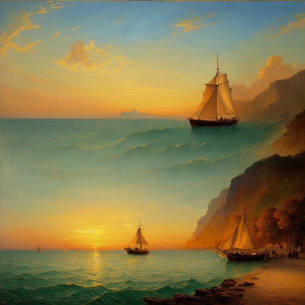 ((best quality)), ((masterpiece)), ((realistic)), A man in a boat, watching the sunset from the coast, in a warm, golden hour lighting, captured in the style of Impressionism by J.M.W. Turner. The vibrant and warm color scheme of the scene brings the landscape to life. The artwork is an oil painting on canvas, depicting the tranquil beauty of the seaside. The composition showcases the man in the boat, perfectly framed by the surrounding elements. The details of the boat, the water, and the setting sun are captured with meticulous brushwork, creating a sense of realism and immersion. The overall scene is on eye level, scenic, and a masterpiece.