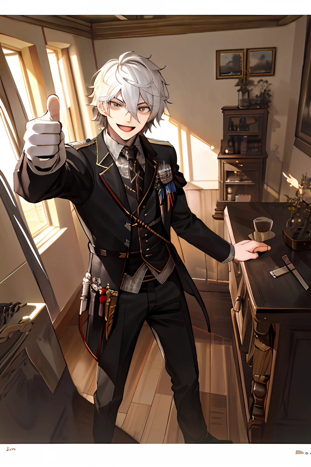 Man, vampire hunter, mature, sexy, highest quality, whole body, dangerous, smile, short hair, adult, shotgun, handsome