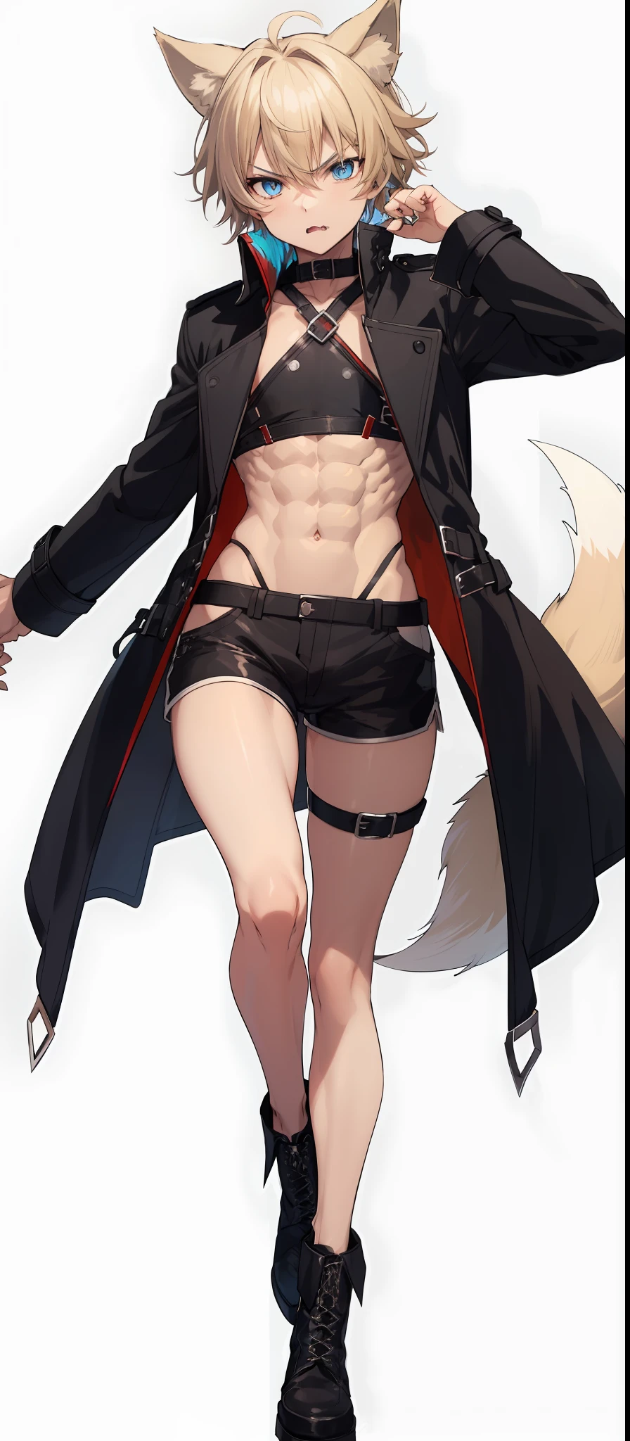 wolf ears, 2boy, blue eyes, blonde hair, short hair, wolf tail, vibrant, HD, black trench coat, red booty shorts, accurate hands, angry, toned abs, tall black combat boots, accurate legs