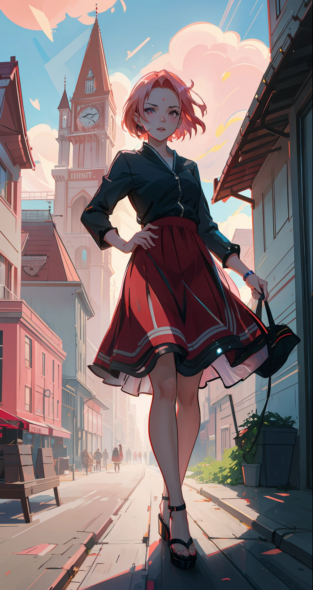beautiful woman, seductive, ((forehead to show)) pop star, idol, in a show, attractive, sexy eyes, red dress, pink hair, delicate, young, short hair, full body, from League of Legends, trend at Artstation, by Rhods, Andreas Rocha, Rossdraws, Makoto Shinkai, Laurie Greasley, Lois Van Baarle, Ilya Kuvshinov and Greg Rutkowski