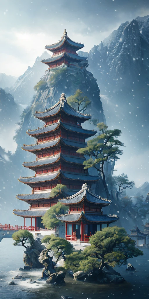 masterpiece, best quality, high quality, extremely detailed CG unity 8k wallpaper, classical chinese garden, scenery, amsterdam, winter,((snowing)),outdoors, sky, day, landscape, water, tree, blue sky, waterfall, nature, lake, river, cloudy sky,award winning photography, Bokeh, Depth of Field, HDR, bloom, Chromatic Aberration ,Photorealistic,extremely detailed, trending on artstation, trending on CGsociety, Intricate, High Detail, dramatic, art by midjourney