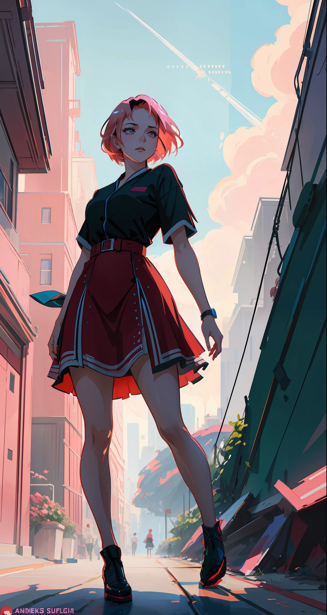 beautiful woman, seductive, ((forehead to show)) pop star, idol, in a show, attractive, sexy eyes, red dress, pink hair, delicate, young, short hair, full body, from League of Legends, trend at Artstation, by Rhods, Andreas Rocha, Rossdraws, Makoto Shinkai, Laurie Greasley, Lois Van Baarle, Ilya Kuvshinov and Greg Rutkowski