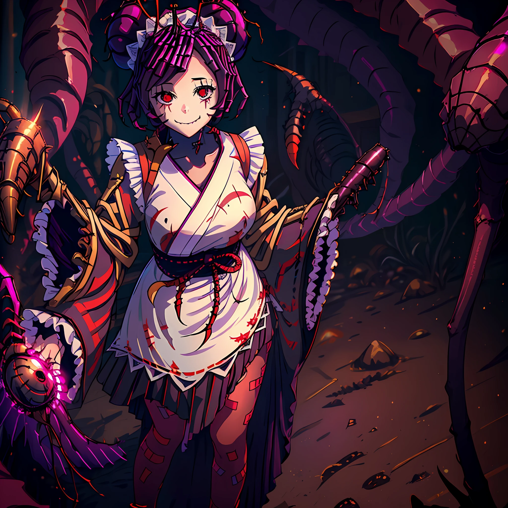 ((overlordentoma)), (face), (((1girl, solo))), looking at viewer, smile, short hair, simple background, transparent background, long sleeves, standing, very close portrait, red eyes, purple hair, pantyhose, frills, japanese clothes, shoes, wide sleeves, kimono, hair bun, black footwear, apron, sleeves past wrists, maid, maid headdress, fangs, standing on one leg, monster girl, colored sclera, antennae, arthropod girl, purple pantyhose, digital art, beautiful, detailed, perfect anatomy