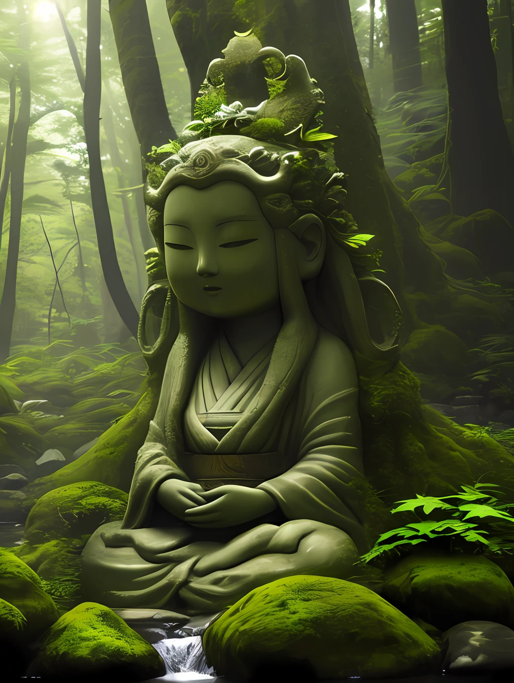 Mysterious statues in deep forests, weed-covered, streams, sunlight japanese, 8k, highly detailed,