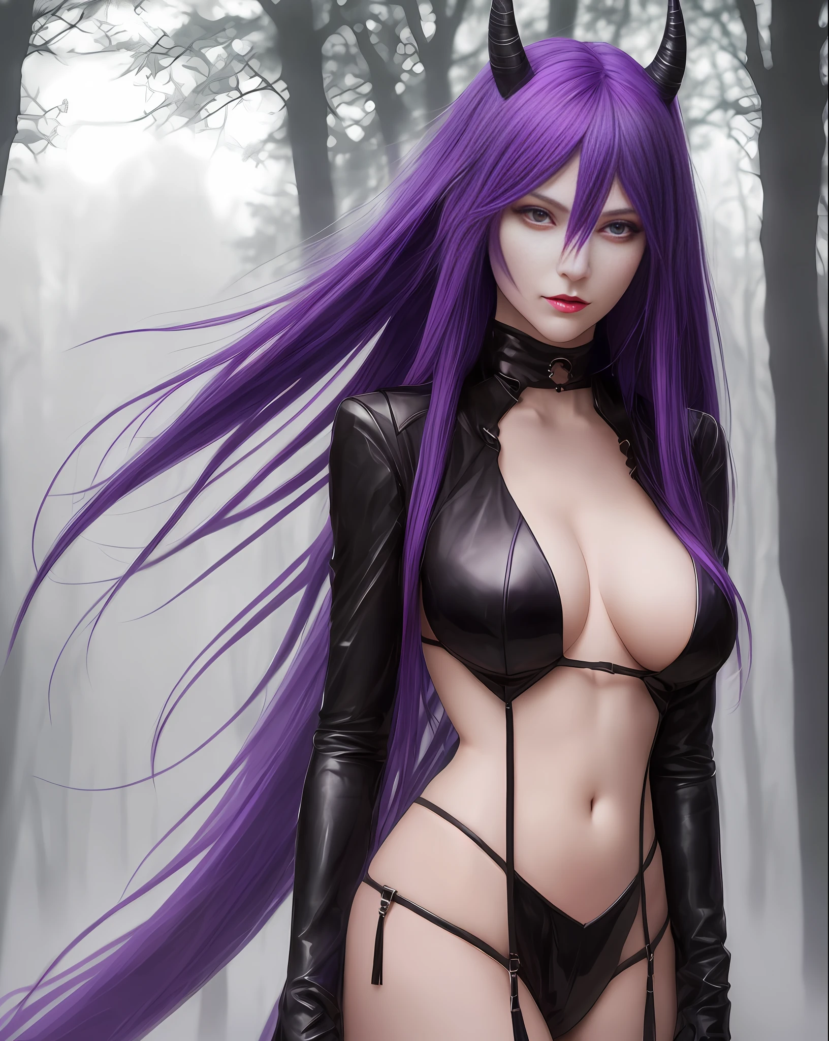 Shion's character from the anime "That Time I Got Reincarnated as a Slime" in an ultra-realistic version. She has dark purple straight hair, with a single purple horn on her forehead. His skin is white, lips red and eyes purple. She is a beautiful woman, slender and well proportioned as a model with a height of 170 cm. Shion was given an unbuttoned suit that turned purple to match her aura, (very sensual, provocative long neckline, bulky and pointed large breasts, slim waist), (a forest in the background, village, open field, night, dawn, fog, fog in the background), (masterpiece, depth of field, professional lighting, Full HD, sharp face, realistic photography, real world, super detailed) portrait style.